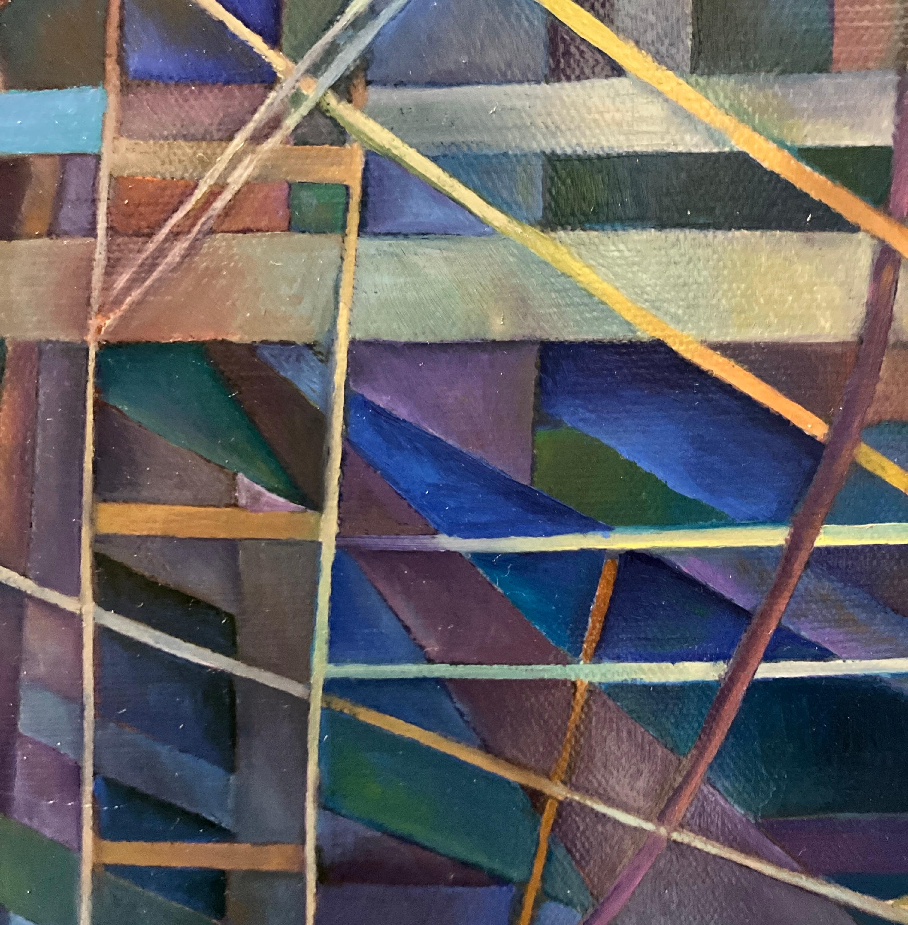 „Blue 1“, Abstraktes Ölgemälde auf Tafel, gerahmt, dunkle Farben, geometrisch im Angebot 3