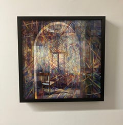 Contemporary Oil Painting on Canvas, Mounted on Panel, Framed, Geometric, Dark
