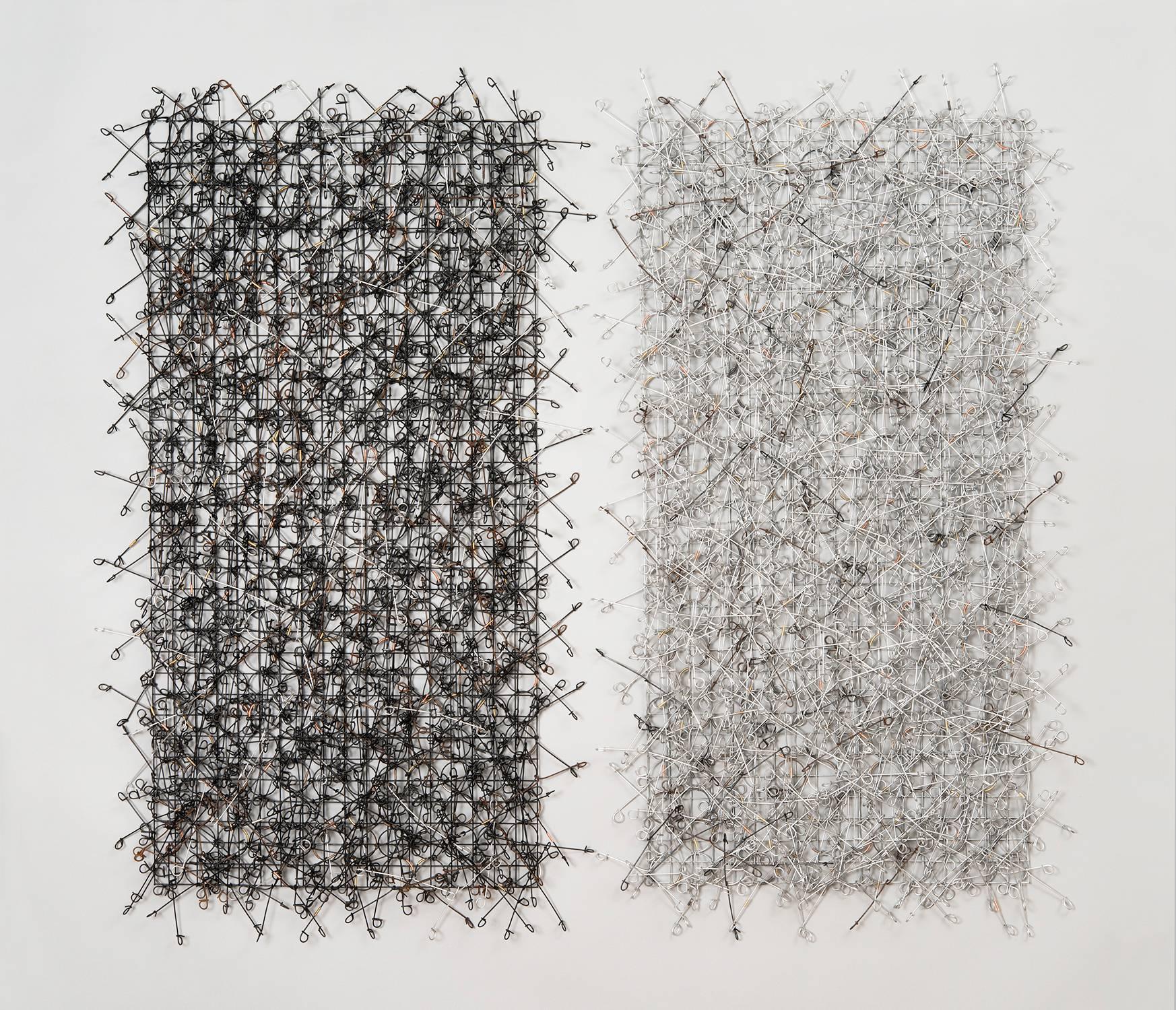 John Garrett Abstract Sculpture - "Circle Grid Diptych", Contemporary Wall Mounting Sculpture Composed of Metals