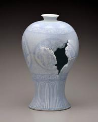 Maebyeong Vase with Peonies by Steven Young Lee, Porcelain, Cobalt Inlay, Glaze