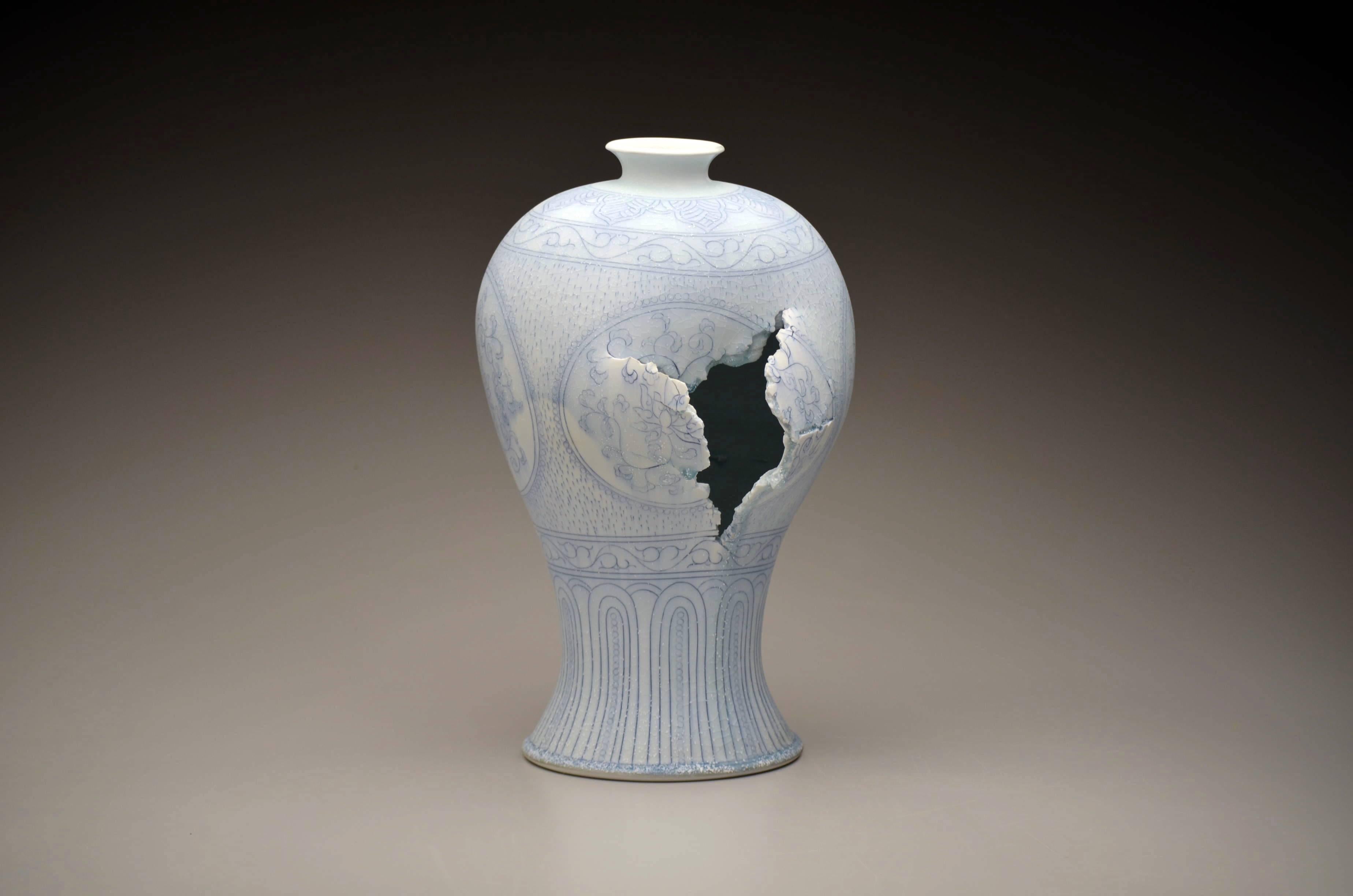 Maebyeong Vase with Peonies by Steven Young Lee, Porcelain, Cobalt Inlay, Glaze 4