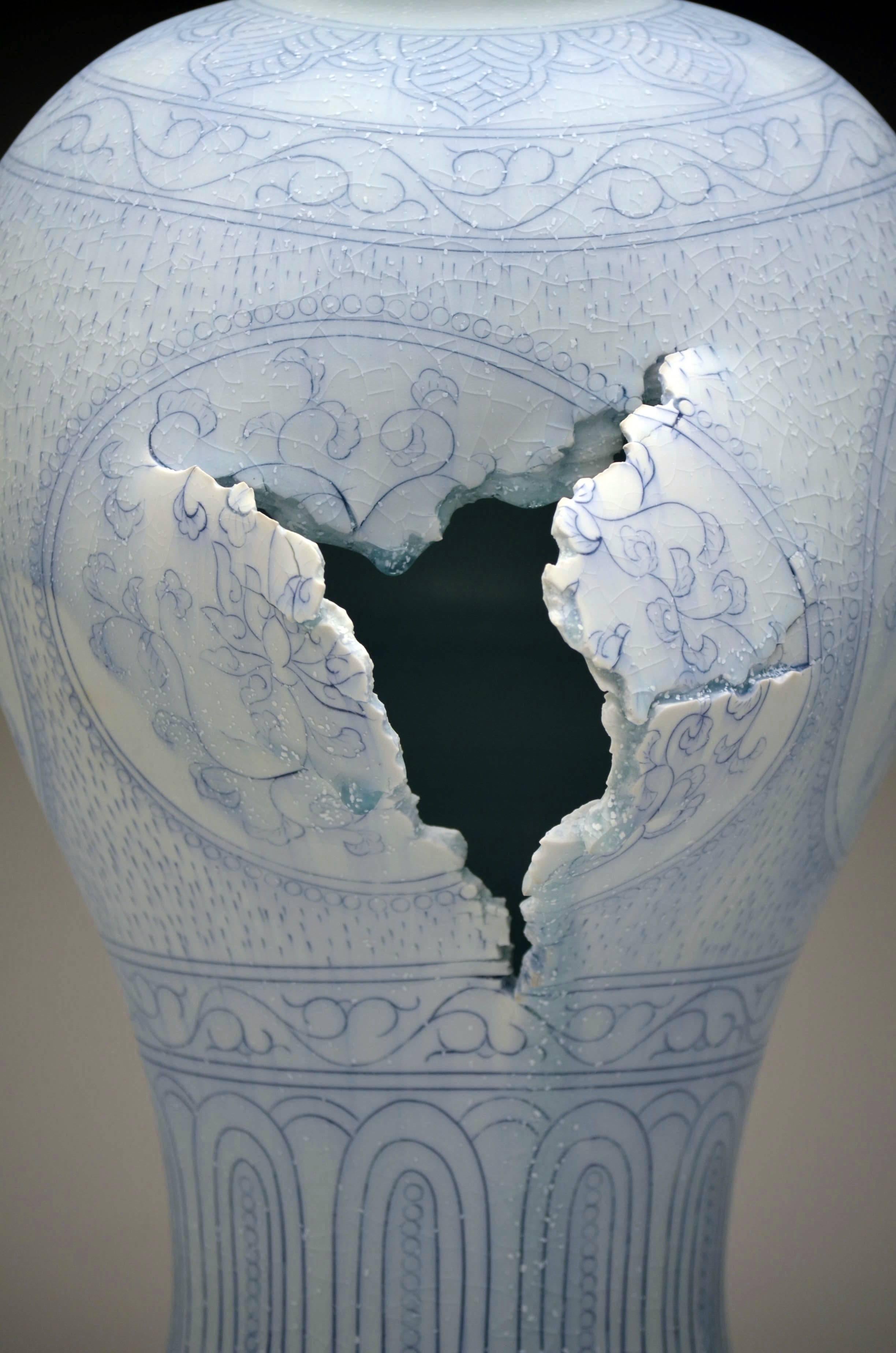 Maebyeong Vase with Peonies by Steven Young Lee, Porcelain, Cobalt Inlay, Glaze 1