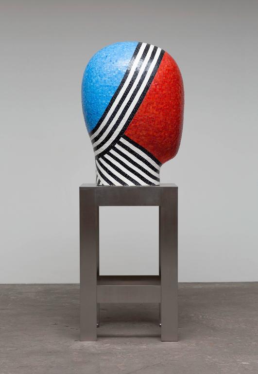 Jun Kaneko Ceramic Head Form Covered with Glass Mosaic in Red, Blue