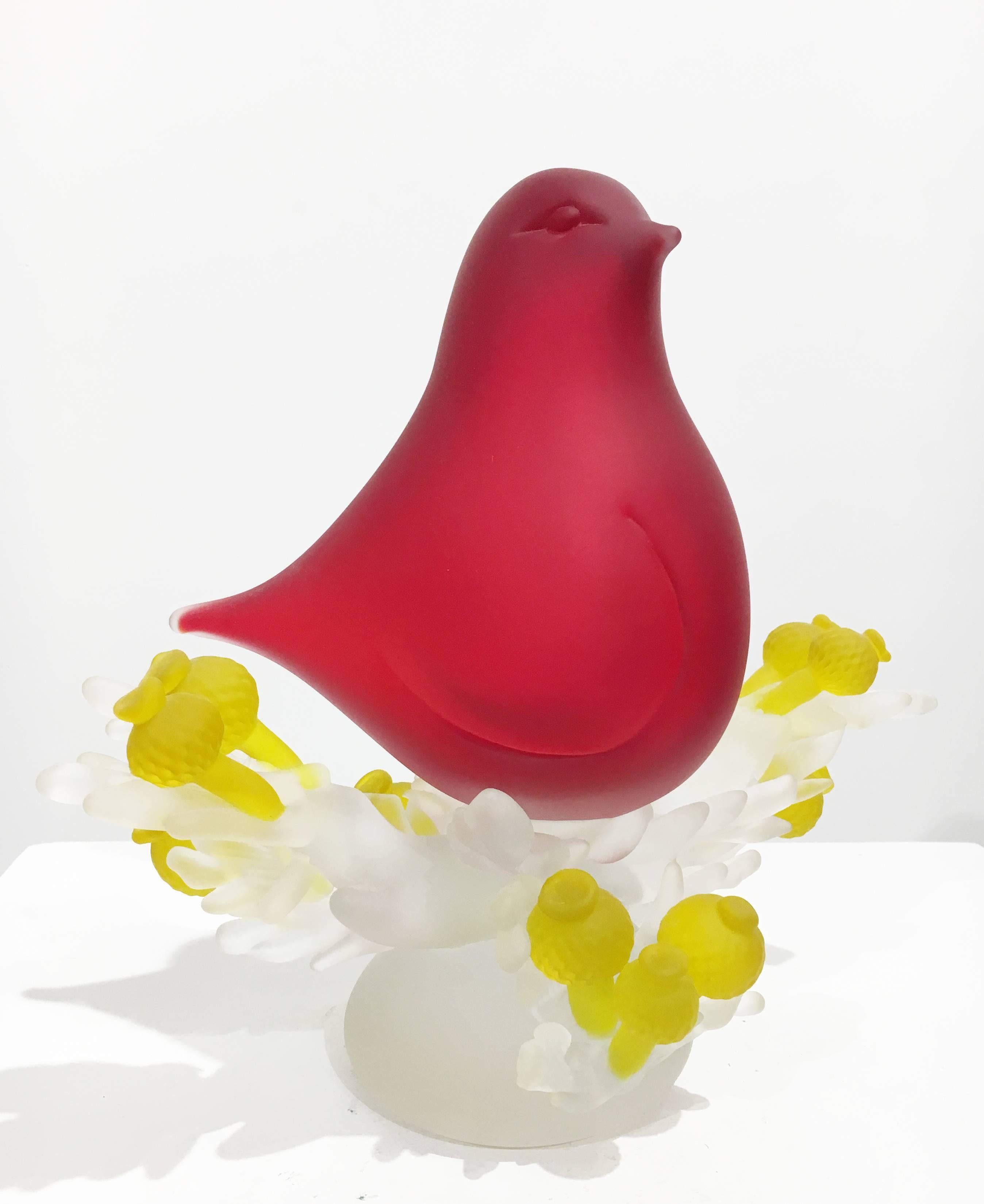 Richard Jolley Still-Life Sculpture - "Red Dove, Crystal Leaves, Yellow Thistle", Hot Sculpted Contemporary Glass