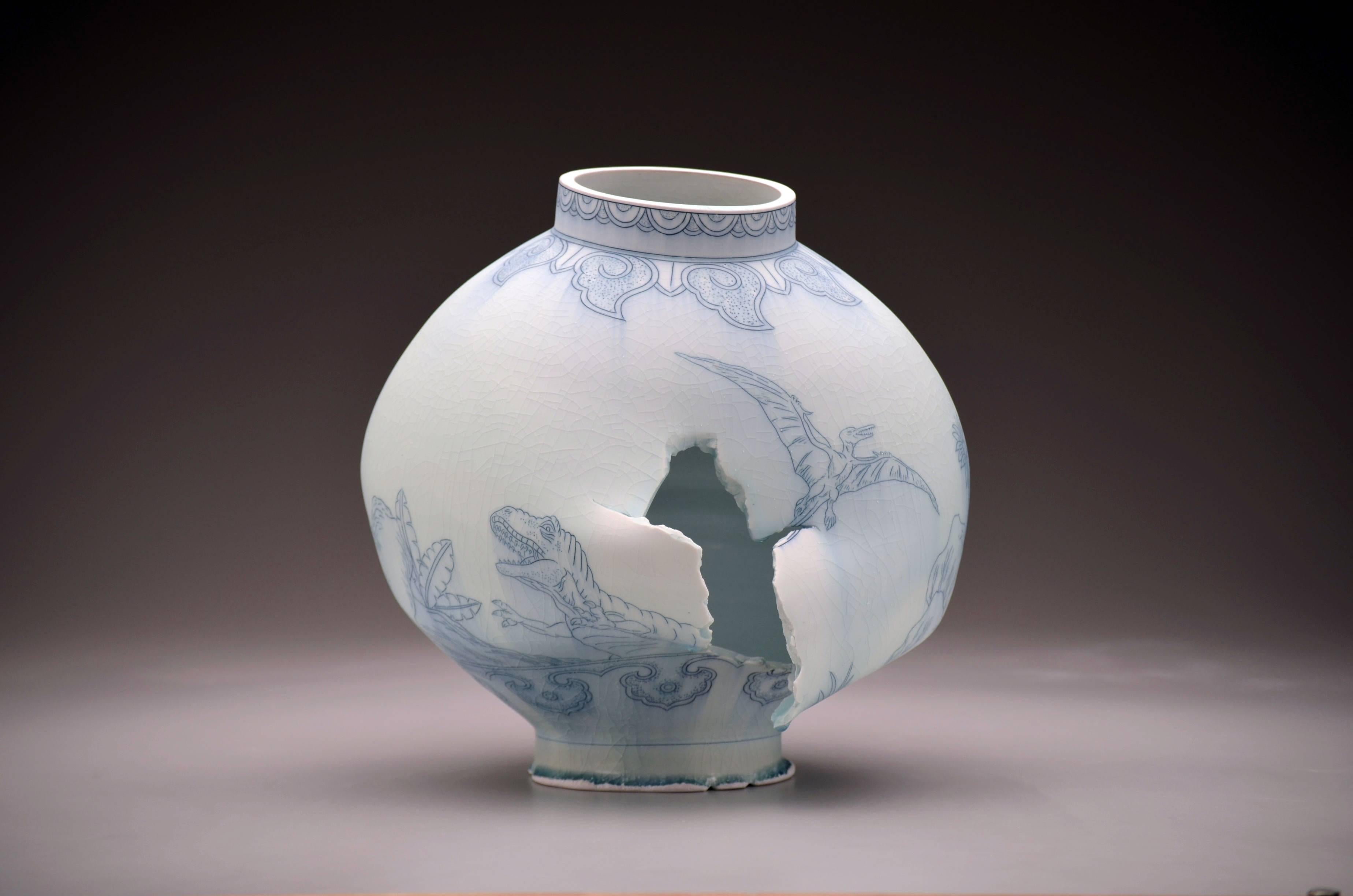 Moon Jar with Dinosaurs by Steven Young Lee, Deconstructed Porcelain Sculpture 1