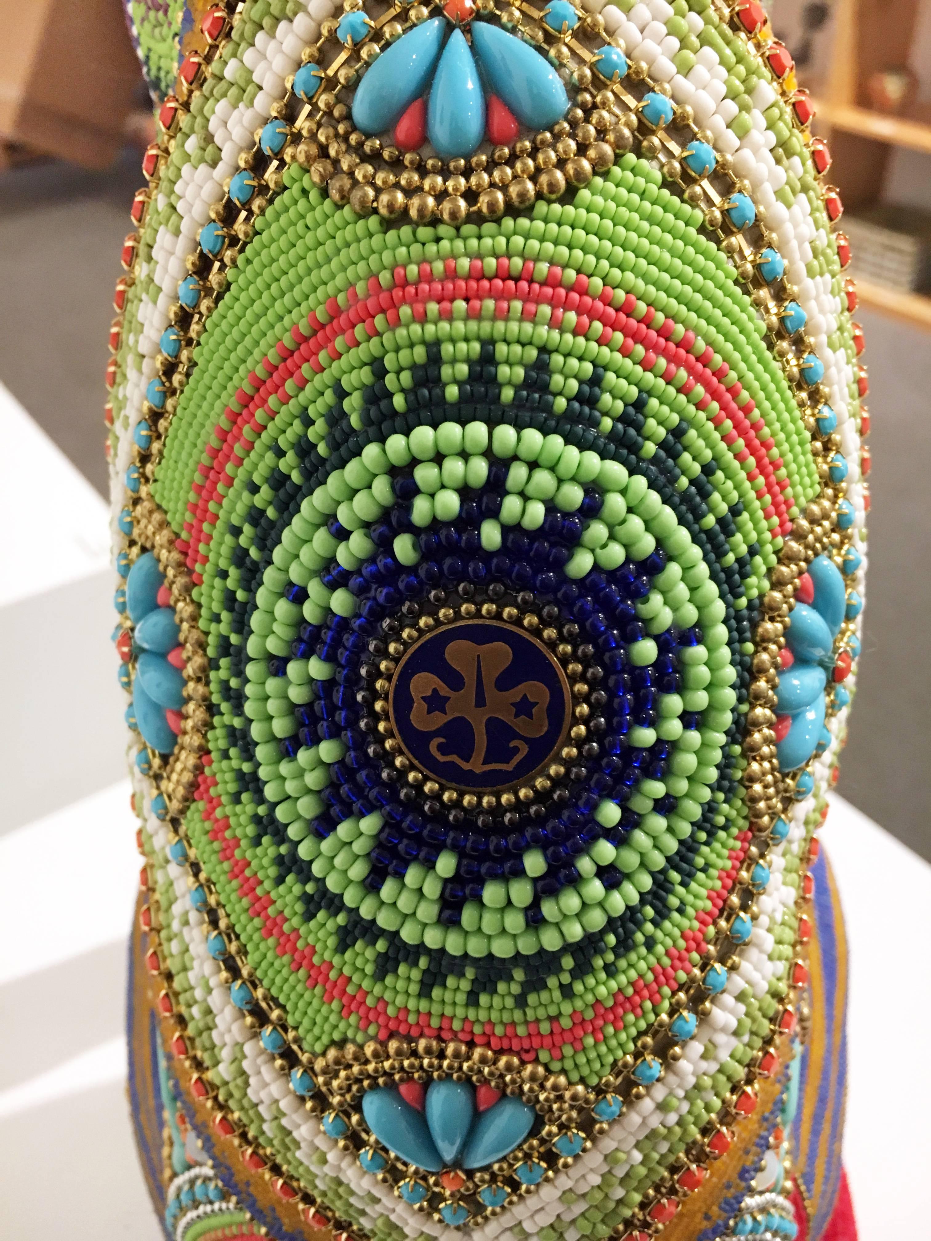 Anubis by Jan Huling, Brightly Colored Beaded Sculpture with Intricate Pattern 3