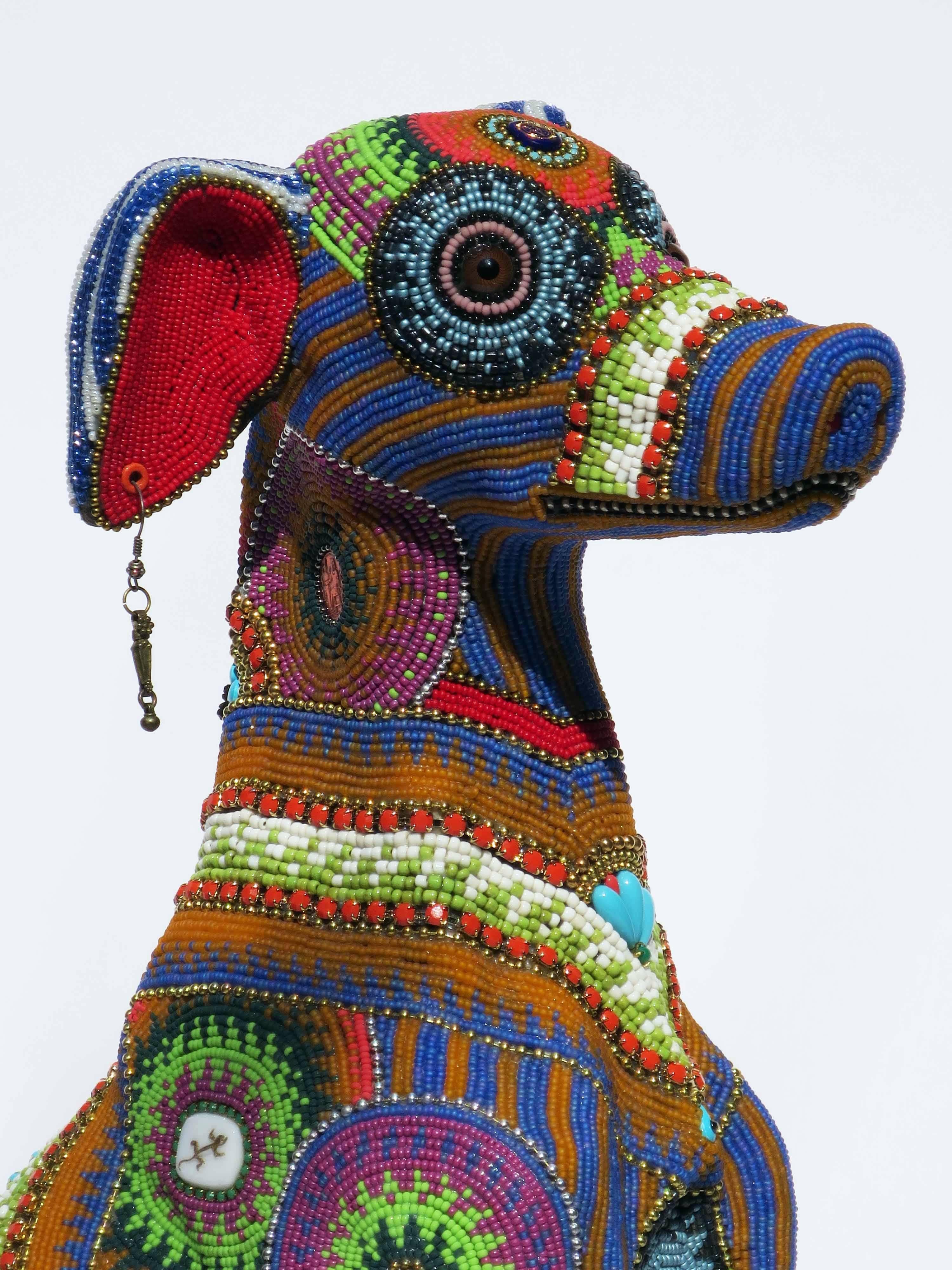 Anubis by Jan Huling, Brightly Colored Beaded Sculpture with Intricate Pattern 1