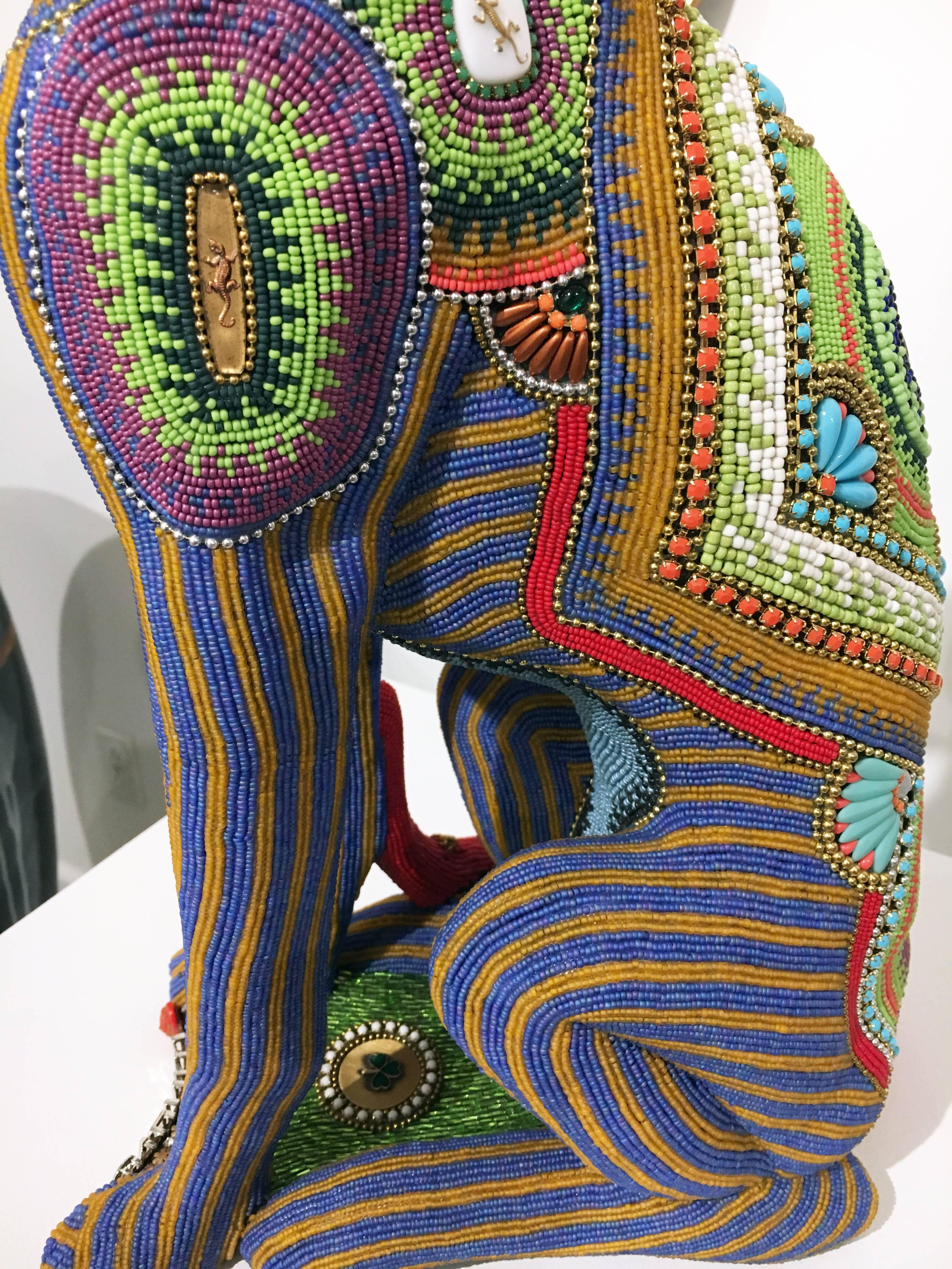 Anubis by Jan Huling, Brightly Colored Beaded Sculpture with Intricate Pattern 2