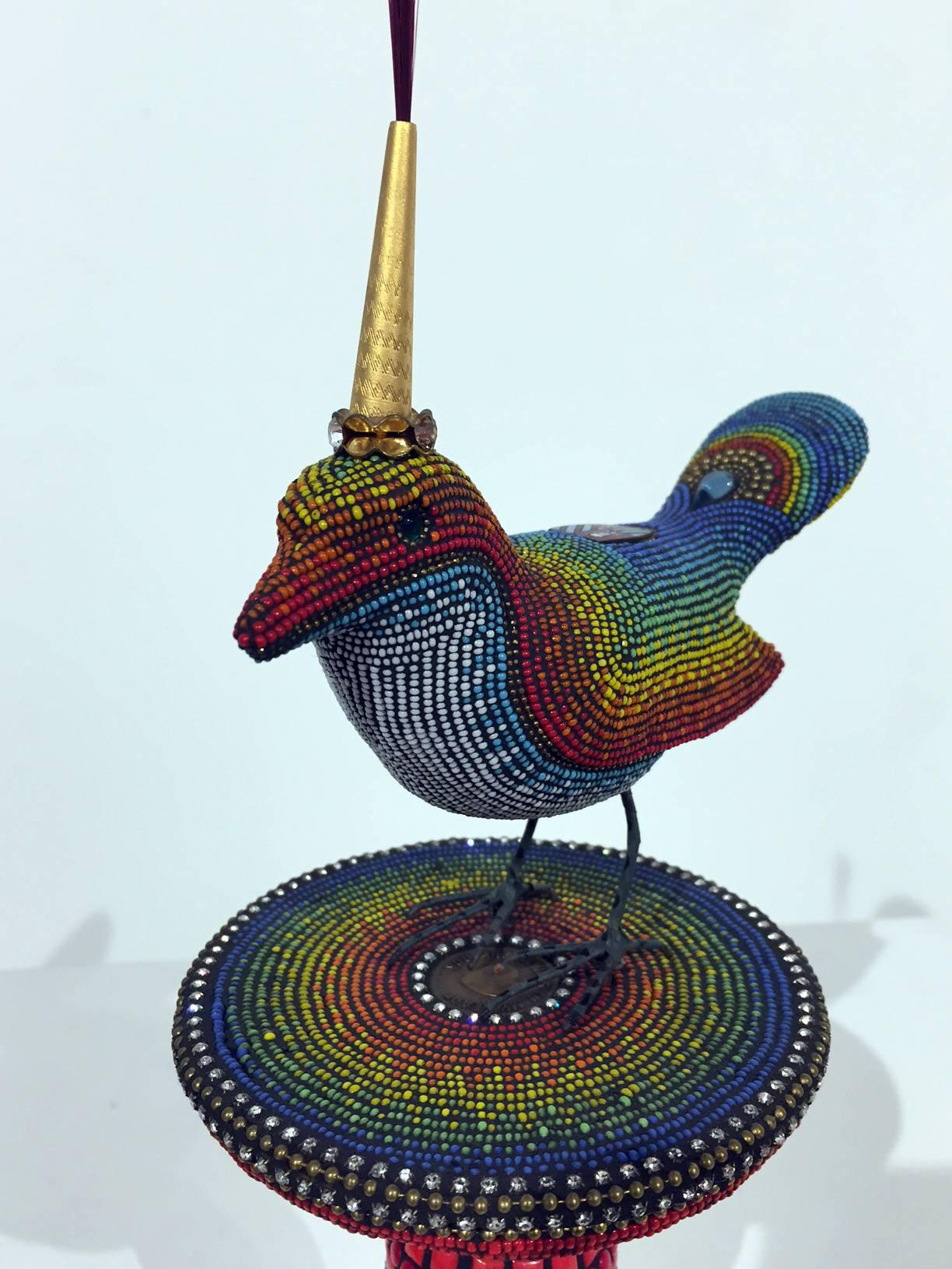 Bird on Stand with Hat by Jan Huling, Beaded Sculpture with Colorful Pattern 1