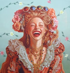 Contemporary Figurative Acrylic Painting on Canvas, Floral Background, Realism