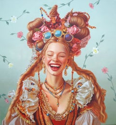 Contemporary Figurative Acrylic Painting on Canvas, Floral Background, Realism