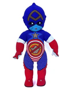 Cap't America, 15 x 9 x 4 inch, Figurative Beaded Sculpture on Vintage Kewpie
