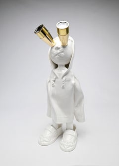 Golden Binoculars - Boy by Namdoo Kim, 20.5 x 10 x 10.25 inch, Ceramic, Glass