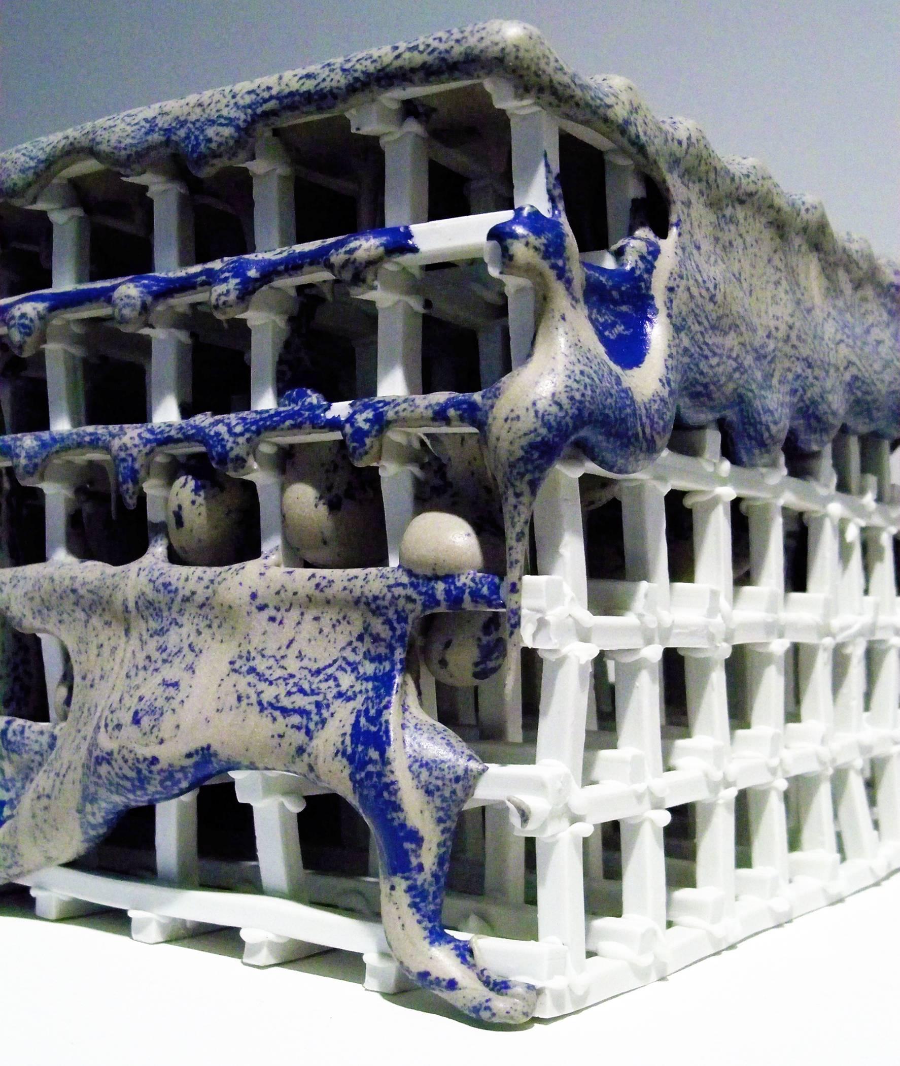 Peter Johnson Abstract Sculpture - "Scaffolding with Blue", Architectural, Ceramic, Porcelain, Sculpture, Glaze