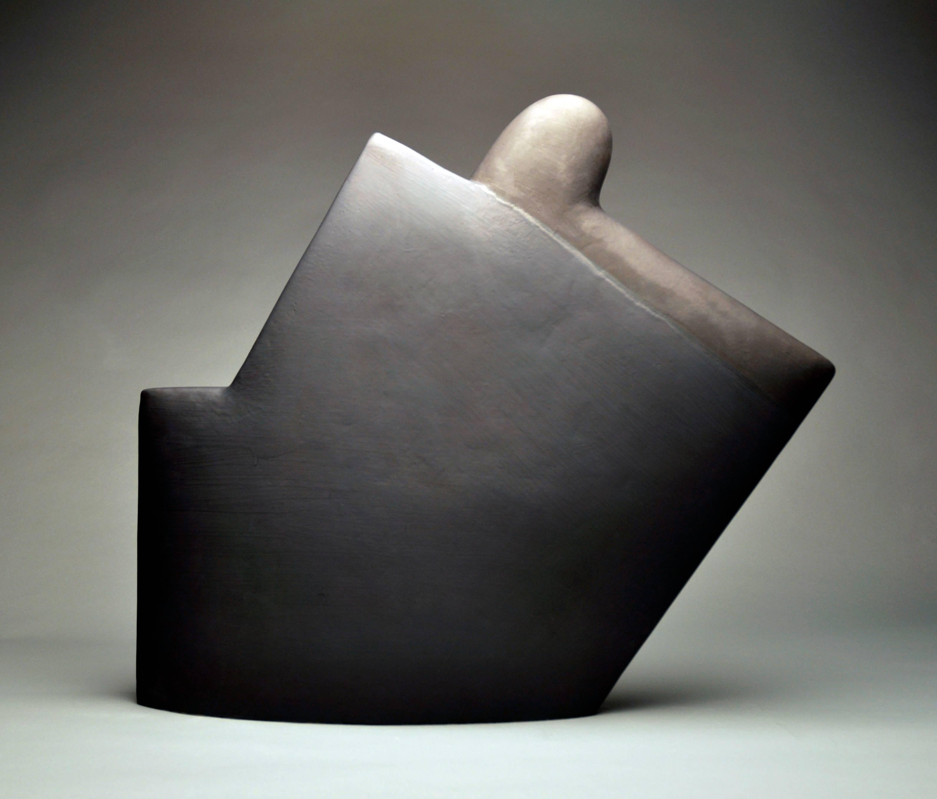 Contemporary Abstract Minimalist Ceramic Sculpture with Black Matte Glaze 