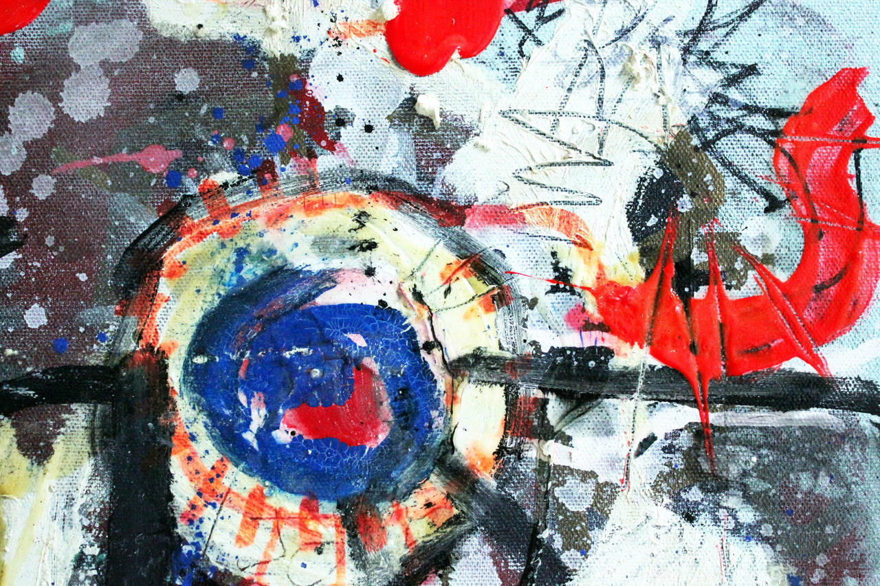 Paul Kostabi ist bekannt für seine witzigen, expressionistischen und farbenfrohen Porträts. Dieses Gemälde ist eine perfekte Definition seiner beliebtesten Werke. Rot, leuchtendes Weiß, Grün und Blau verteilen sich in einem Rausch aus Spritzern,