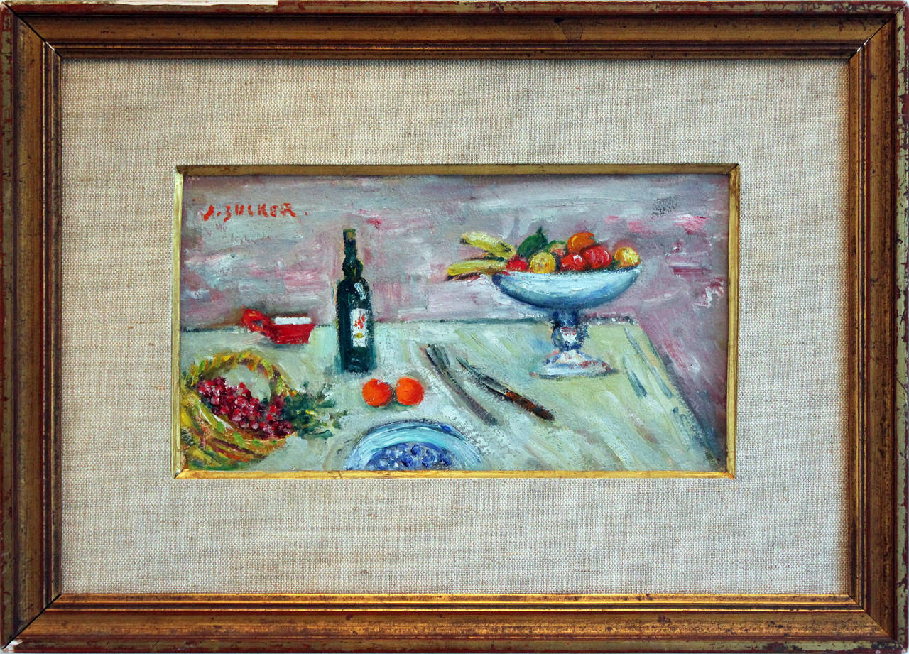 Jacques Zucker Still-Life Painting - Still Life with Wine Bottle and Fruit
