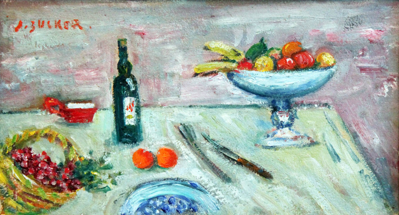 Still Life with Wine Bottle and Fruit - Painting by Jacques Zucker