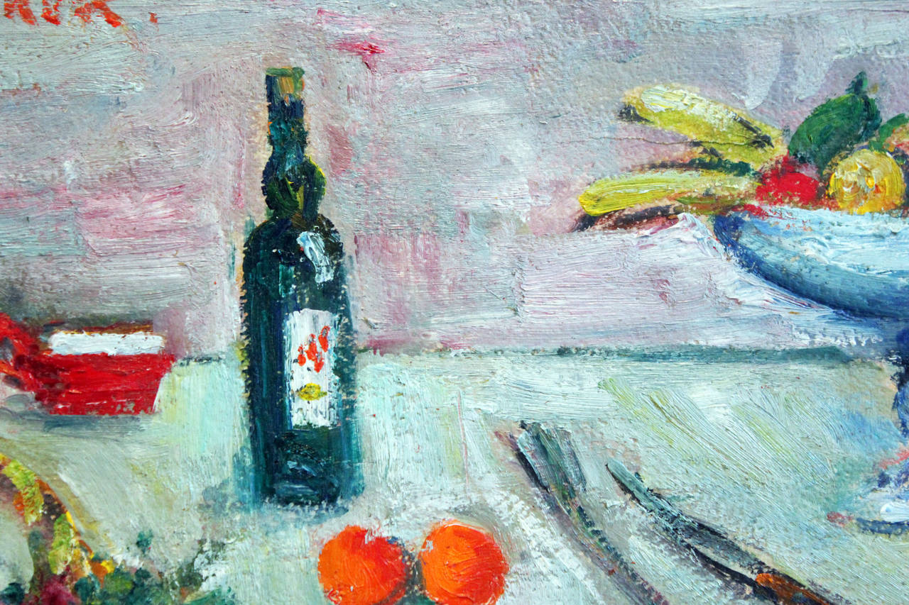 Still Life with Wine Bottle and Fruit - Impressionist Painting by Jacques Zucker