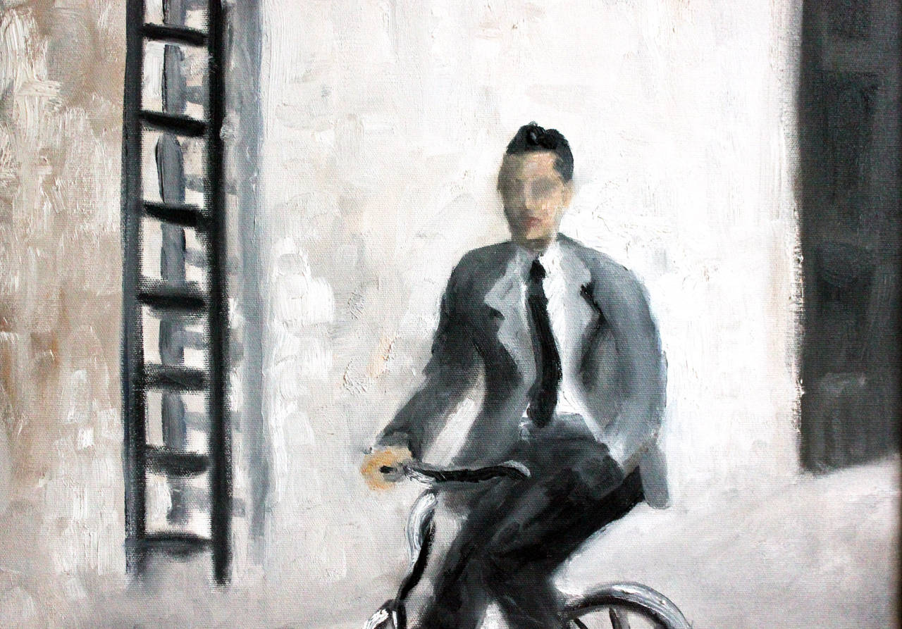 A whimsical depiction of a gentleman riding a vintage bicycle on a set street, with a reminiscent feeling of the early 20th Century. The use of black and white hues and some muted tones of brown in this piece evokes a certain emotion; bringing a