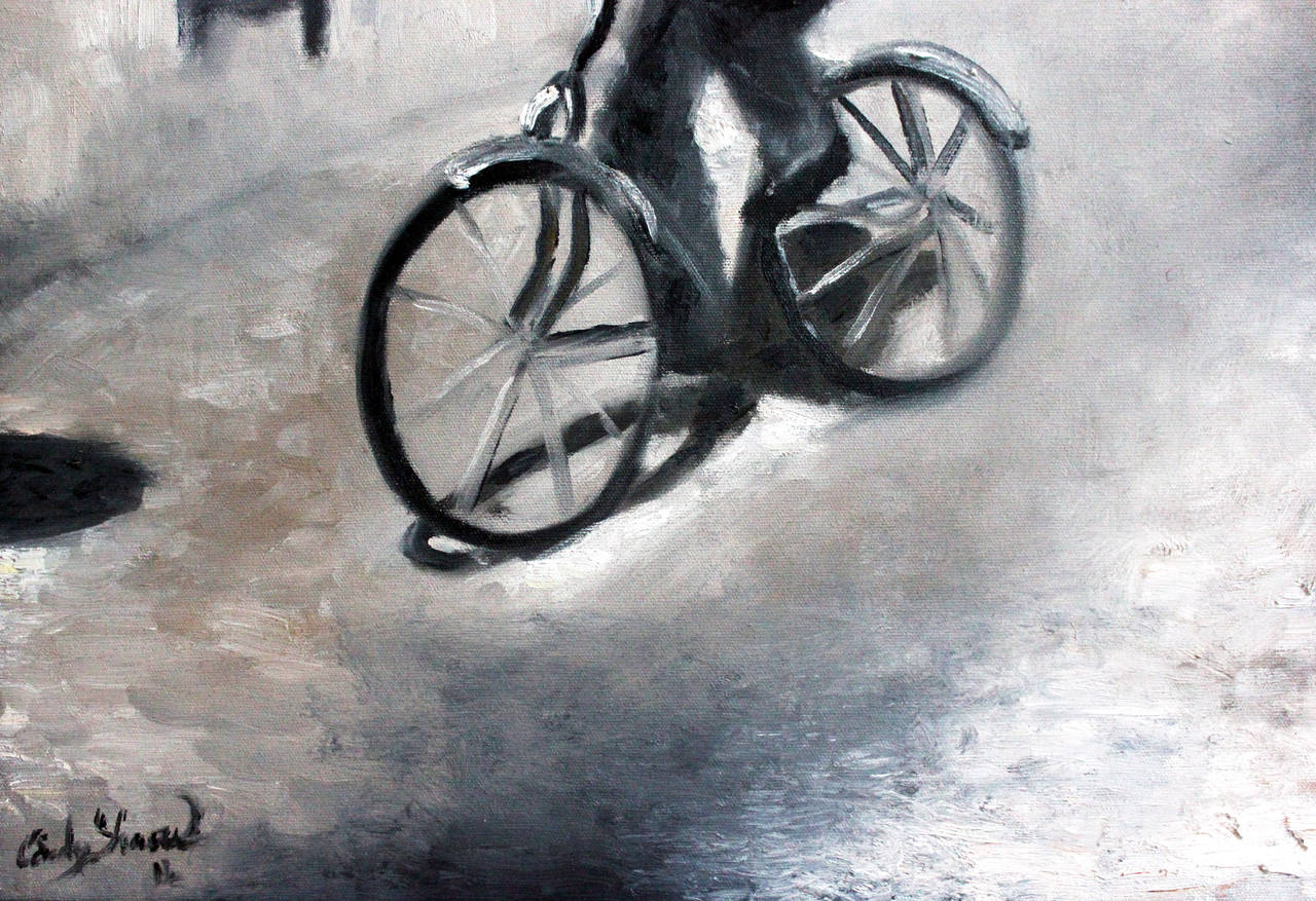 A whimsical depiction of a gentleman riding a vintage bicycle on a set street, with a reminiscent feeling of the early 20th Century. The use of black and white hues and some muted tones of brown in this piece evokes a certain emotion; bringing a