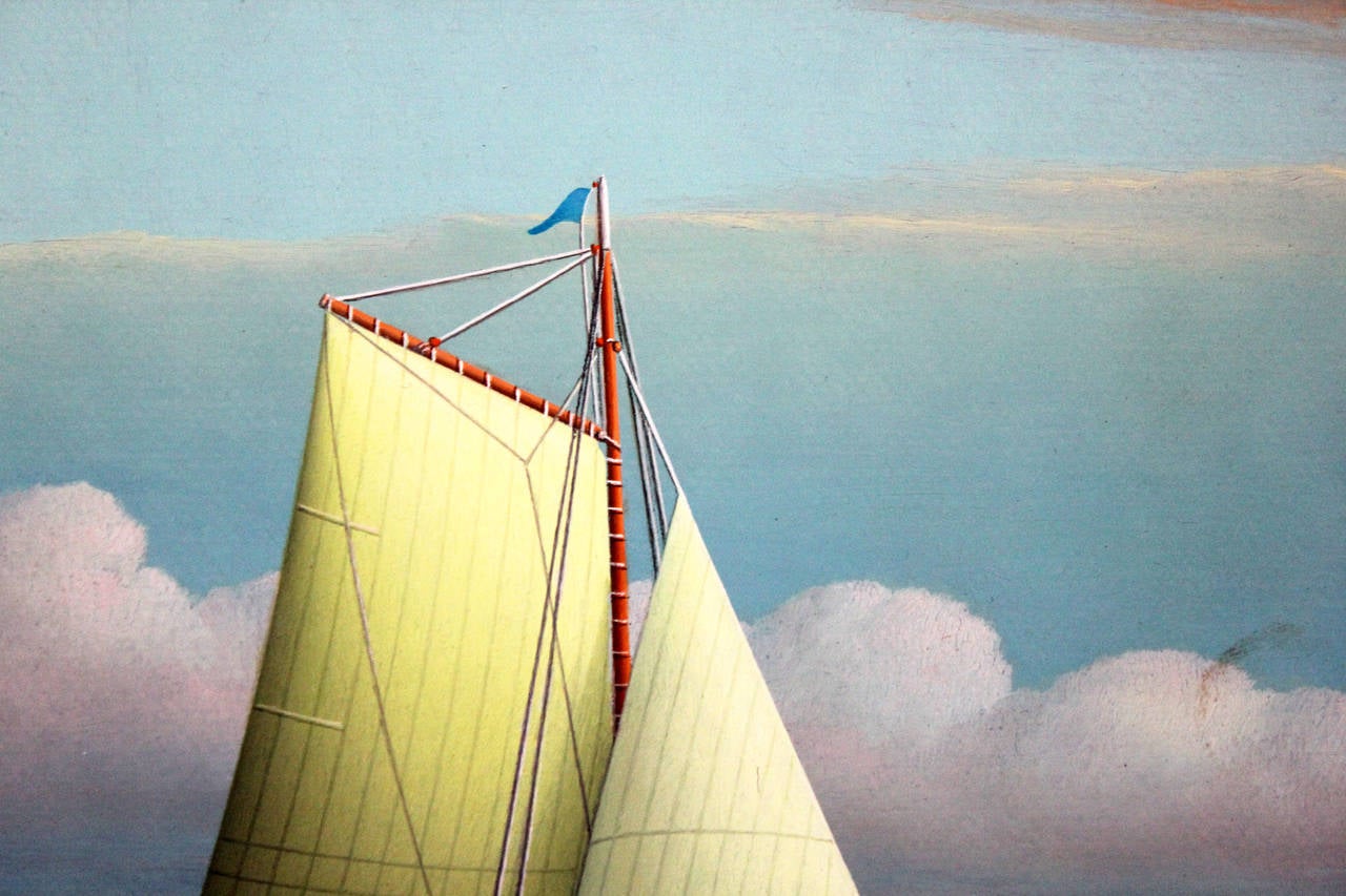 George Nemethy is known for his pastoral miniature sail boat oil paintings. In this piece we can find a peaceful sailboat drifting on the sea. His dreamy puffed clouds that are so effortlessly contrasted with the majestic blues in his sky and water,