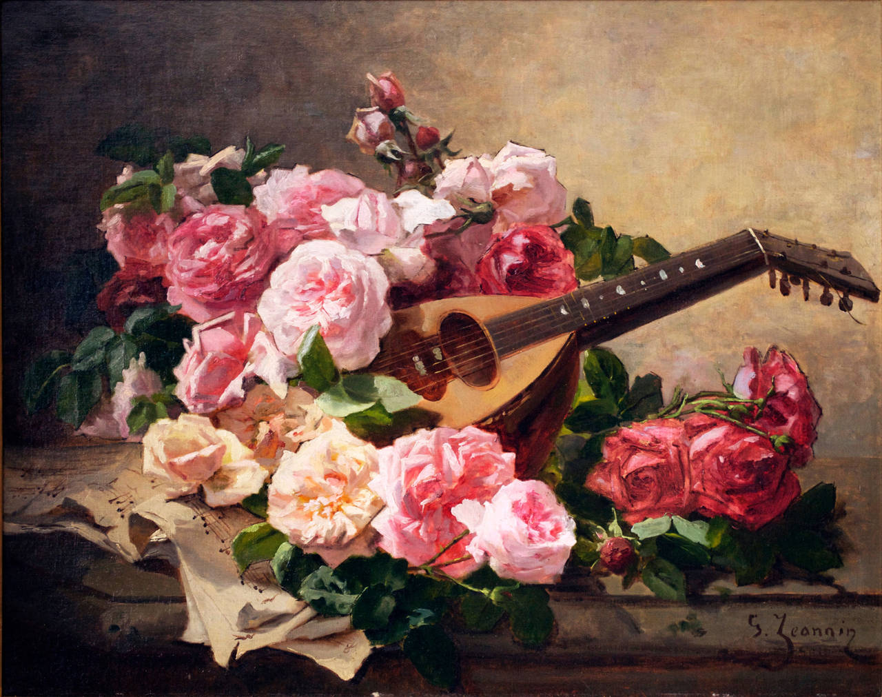 Still life with Roses and Mandolin - Painting by Georges Jeannin