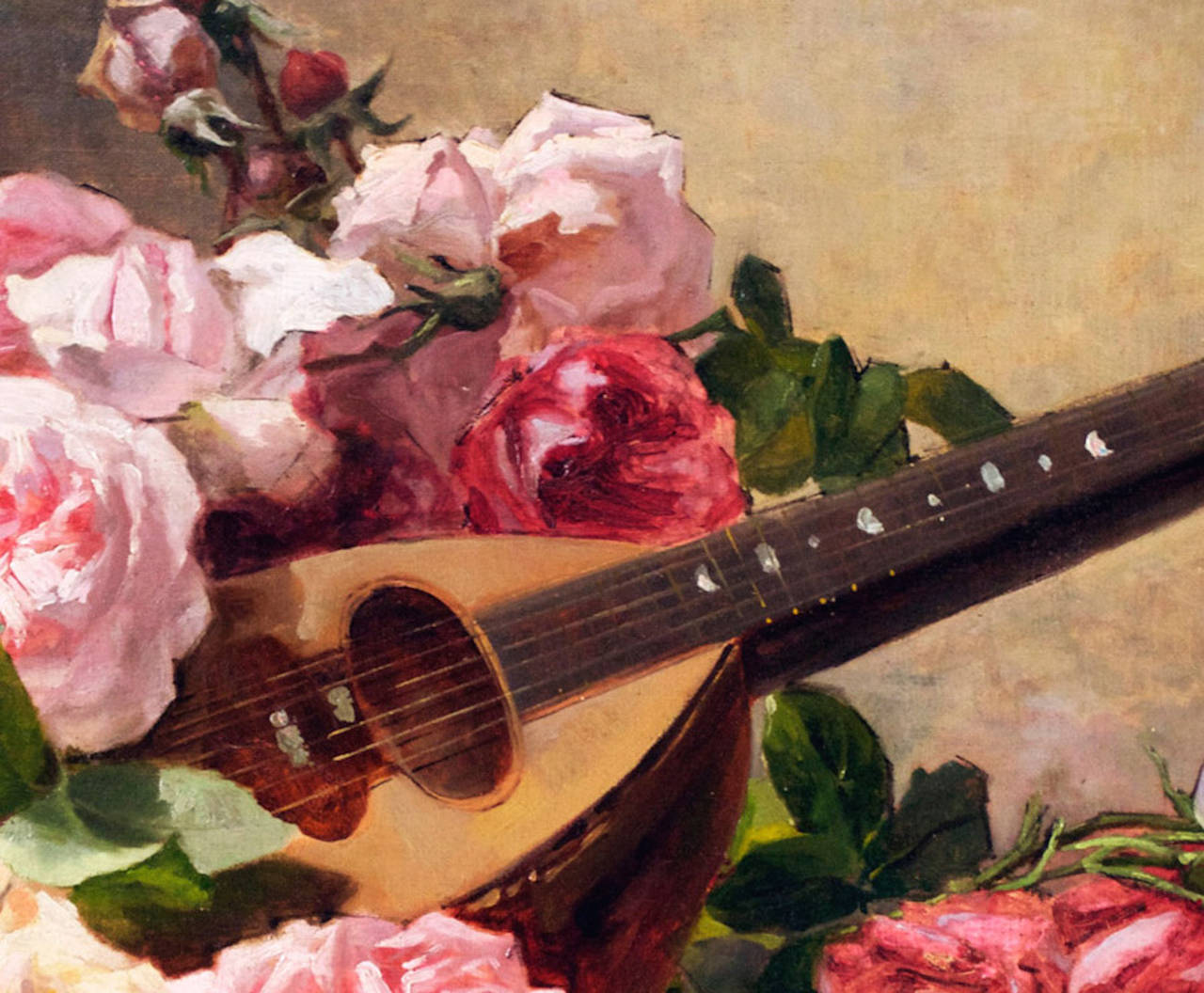 Still life with Roses and Mandolin - Impressionist Painting by Georges Jeannin