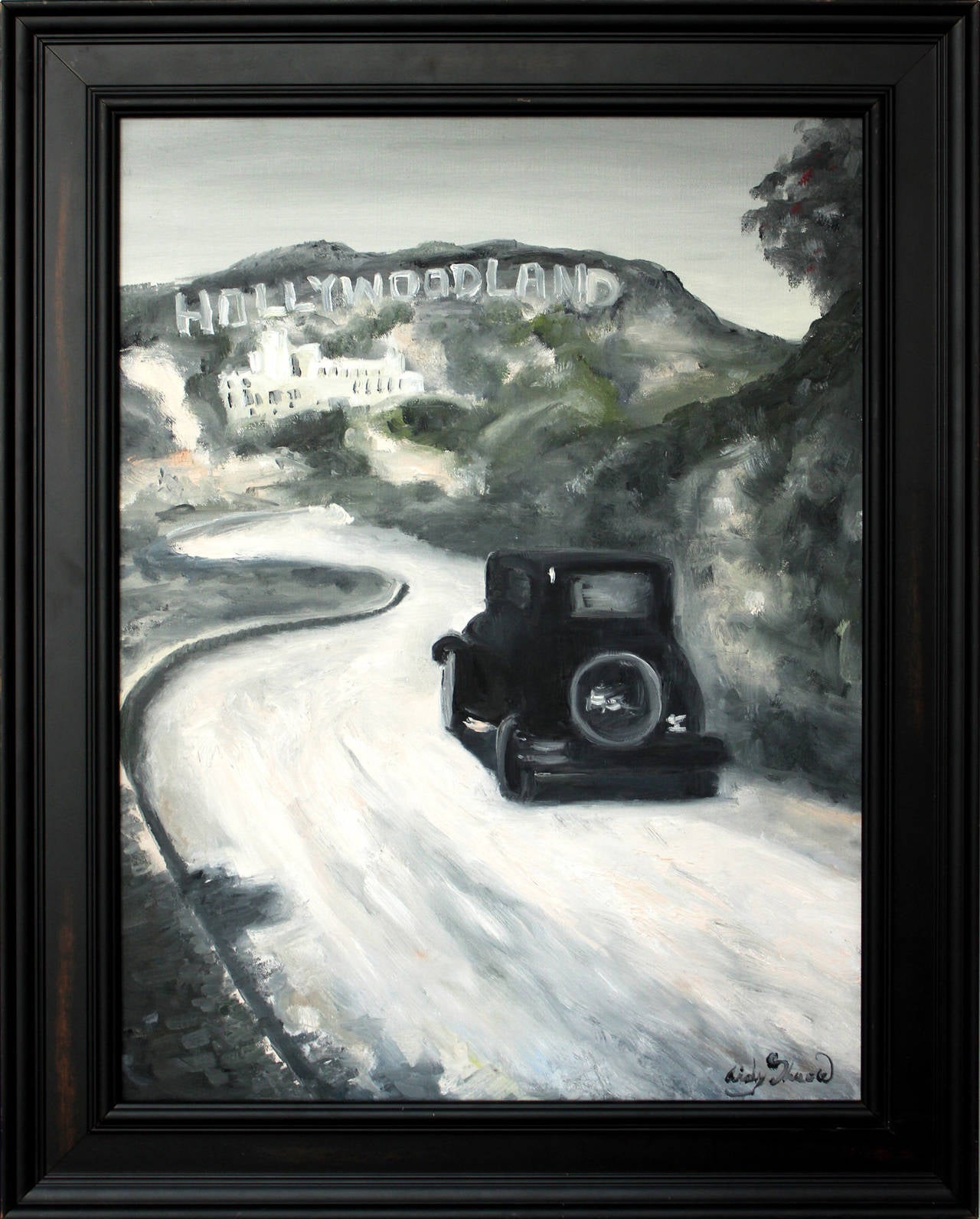 Cindy Shaoul Landscape Painting – "Going to Work" Schwarz-Weiß-Ölgemälde im alten Hollywood-Stil auf Leinwand