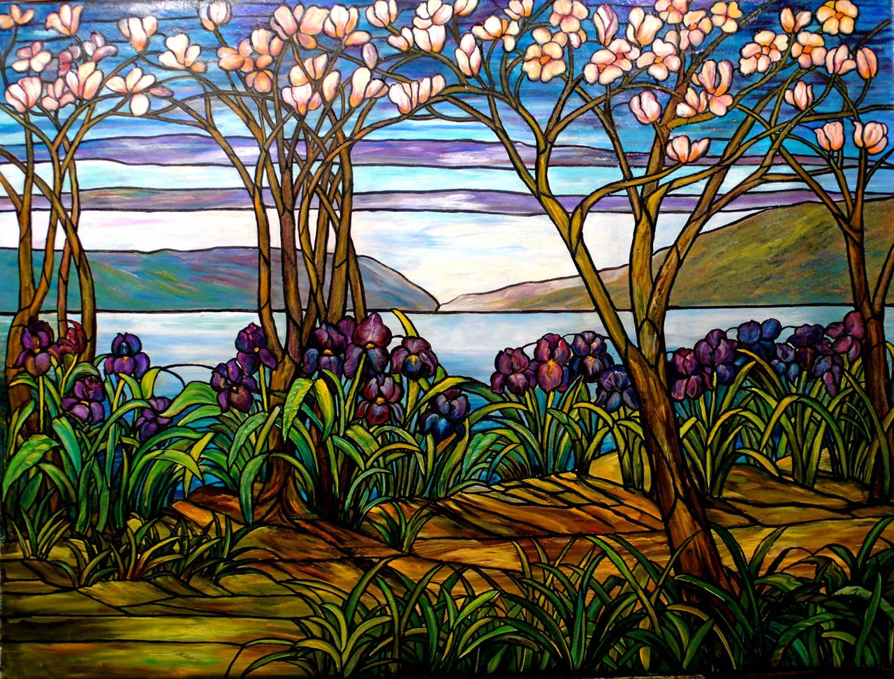 Abstract Painting Kristina Nemethy - " Paysage de jardin avec vues d'eau" - Peinture à l'huile de style Louis Comfort Tiffany