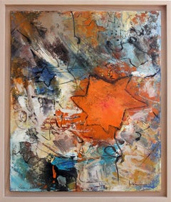 "Montagnes orange" Composition expressionniste abstraite colorée en médias mixtes