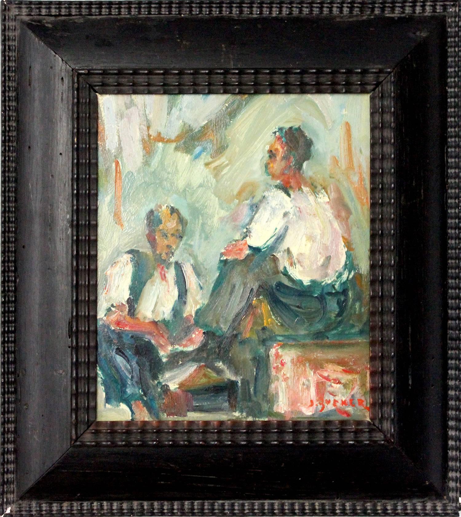 Jacques Zucker Interior Painting - "The Shoe Shiner" Impressionist Portrait of a Shoe Shiner Oil Painting on Board