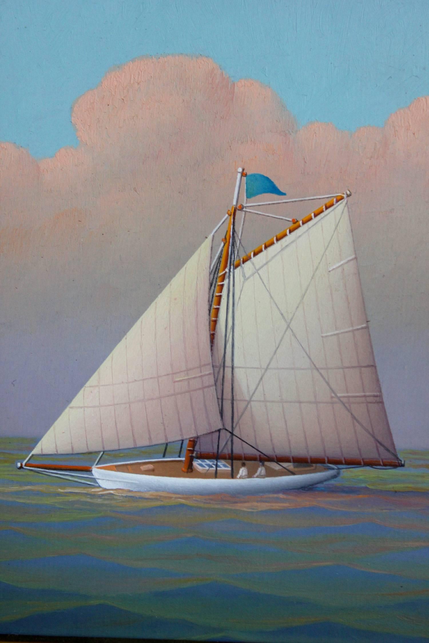 George Nemethy is known for his pastoral miniature sail boat oil paintings. In this highly detailed artwork, we can find a peaceful sailboat drifting on the sea. His dreamy puffed clouds that are so effortlessly contrasted with the majestic blues in