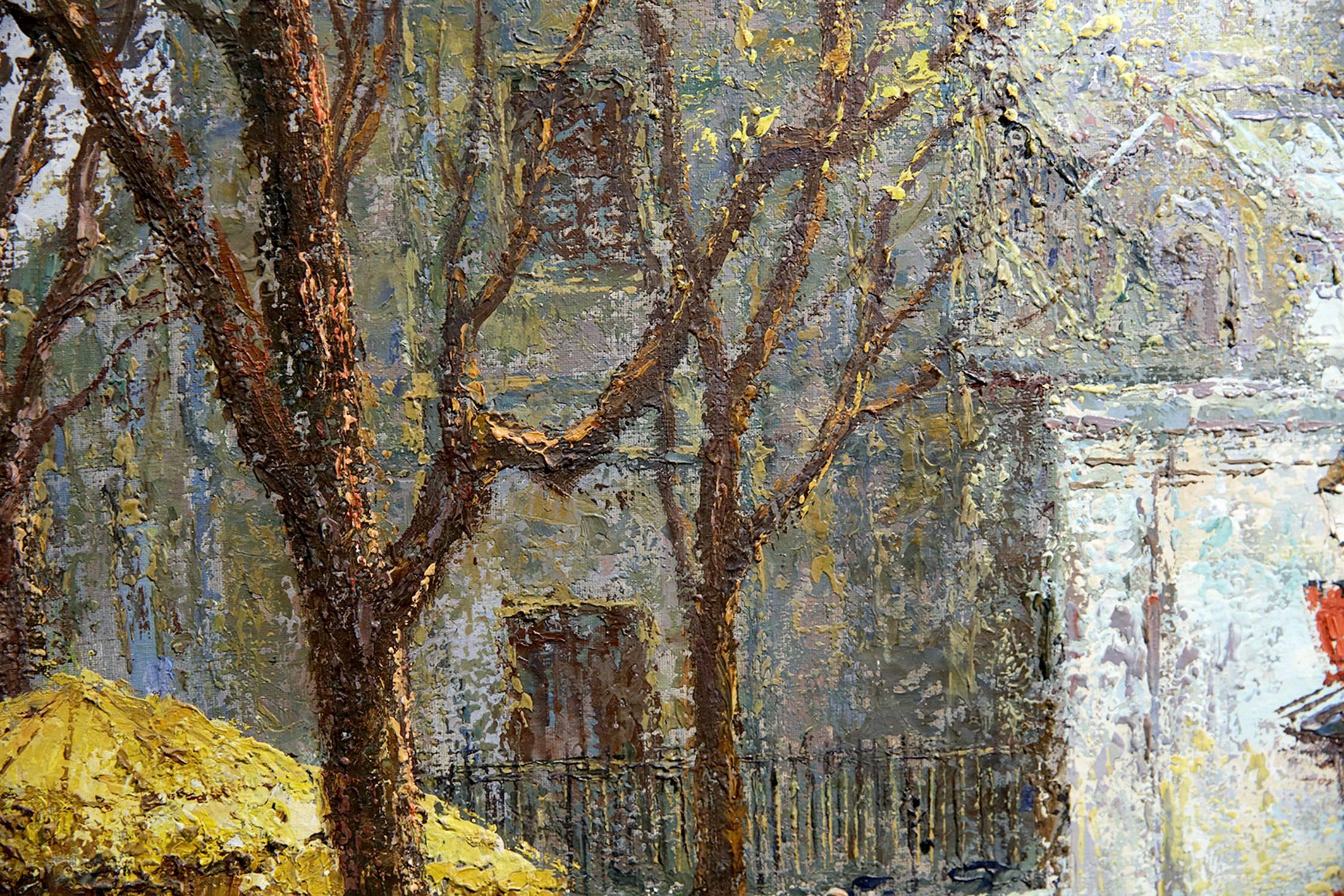 Une merveilleuse scène parisienne réalisée au 20e siècle par l'artiste français Jacques Berger. Les couleurs et l'utilisation épaisse de la peinture créent une atmosphère unique:: remplie de passion et d'excitation. Cette peinture est peinte sur