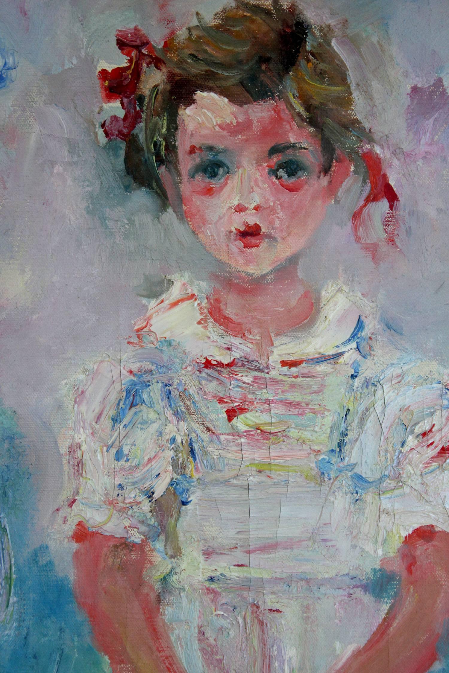 Impressionistisches Mädchenporträt, Ölgemälde auf Leinwand, „Little Girl in White Dress“, Mädchenporträt (Post-Impressionismus), Painting, von Jacques Zucker