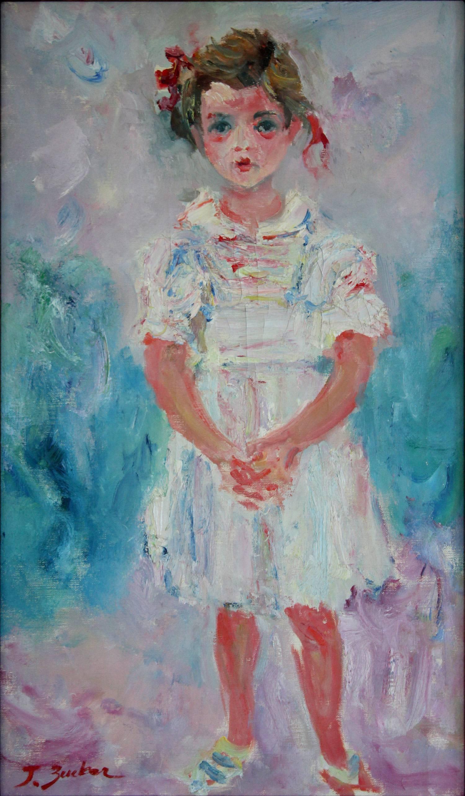 little girl in white dress painting