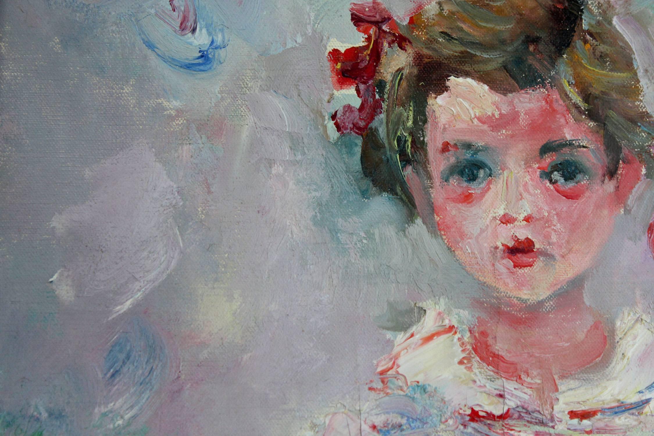 Impressionistisches Mädchenporträt, Ölgemälde auf Leinwand, „Little Girl in White Dress“, Mädchenporträt (Grau), Figurative Painting, von Jacques Zucker