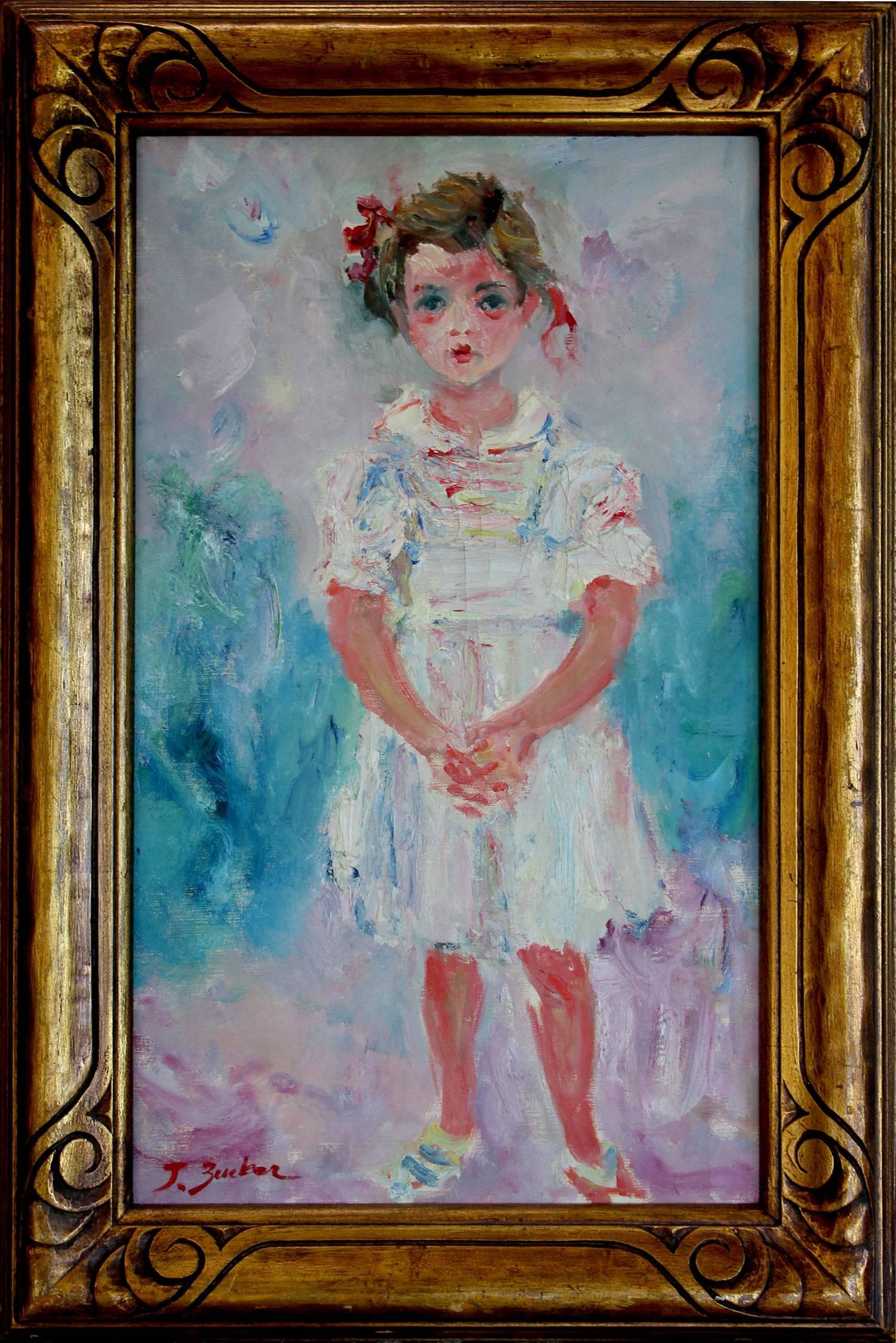 Jacques Zucker Figurative Painting – Impressionistisches Mädchenporträt, Ölgemälde auf Leinwand, „Little Girl in White Dress“, Mädchenporträt