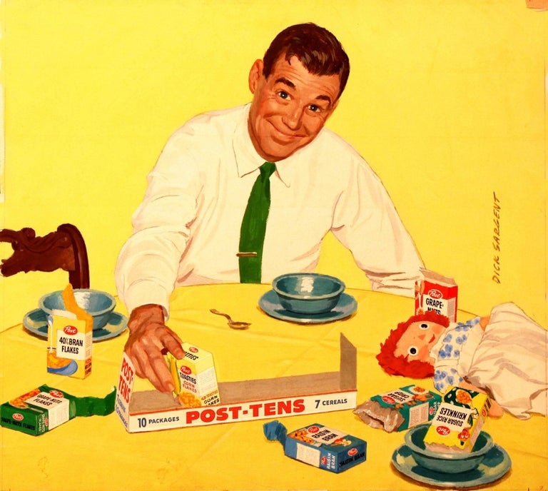 Richard Sargent Interior Painting - 1950s Original Illustration of Man at Breakfast Table "Post" Advertisement