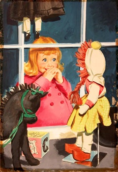 Vintage 1950s American Original Illustration of Little Girl Window Shopping in Toy Store