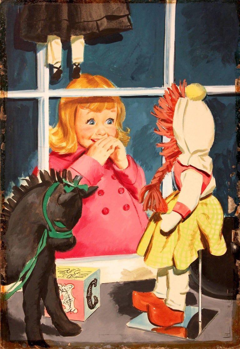 Richard Sargent Animal Painting - 1950s American Original Illustration of Little Girl Window Shopping in Toy Store