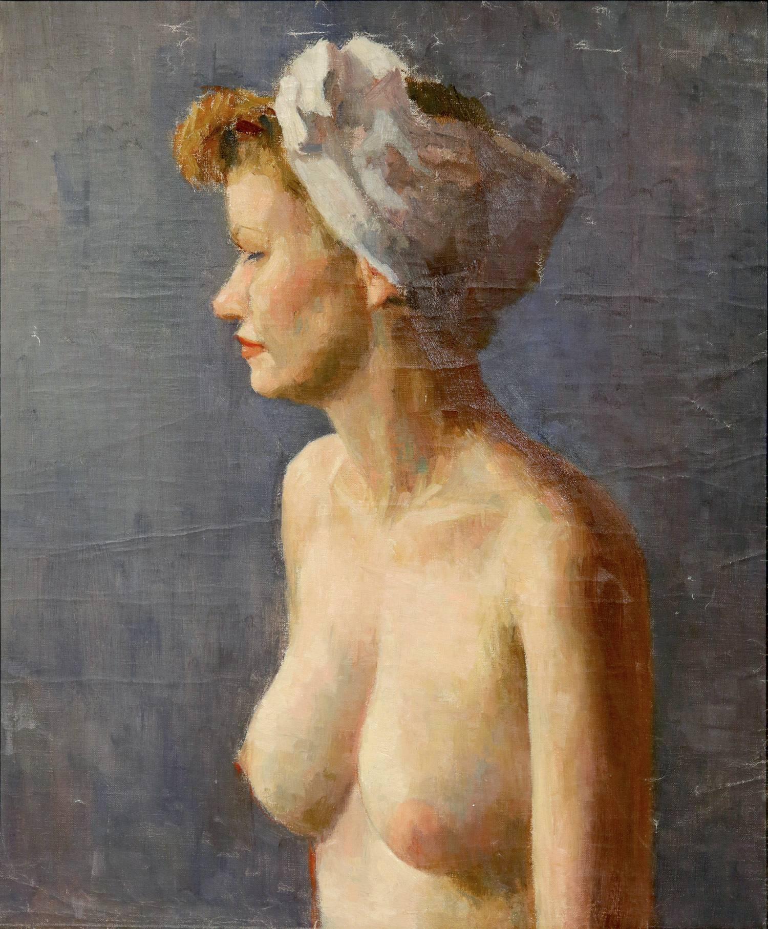 American 20th Century Oil Painting Nude Portrait of Woman from 1950's - Gray Figurative Painting by Robert Freiman