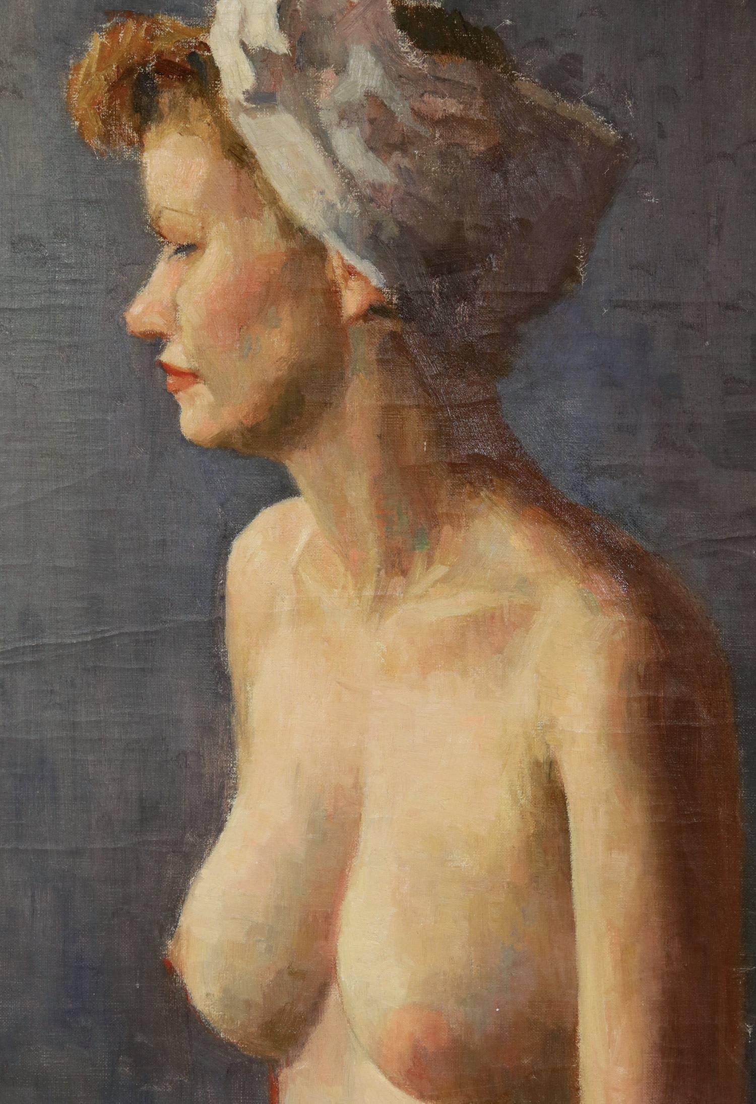 A stunning depiction of a nude woman from the mid century with thick use of paint and vibrant coloration. The model posing wears a white scarf around her head to depict the working quality of woman from the times, yet she is nude, portraying