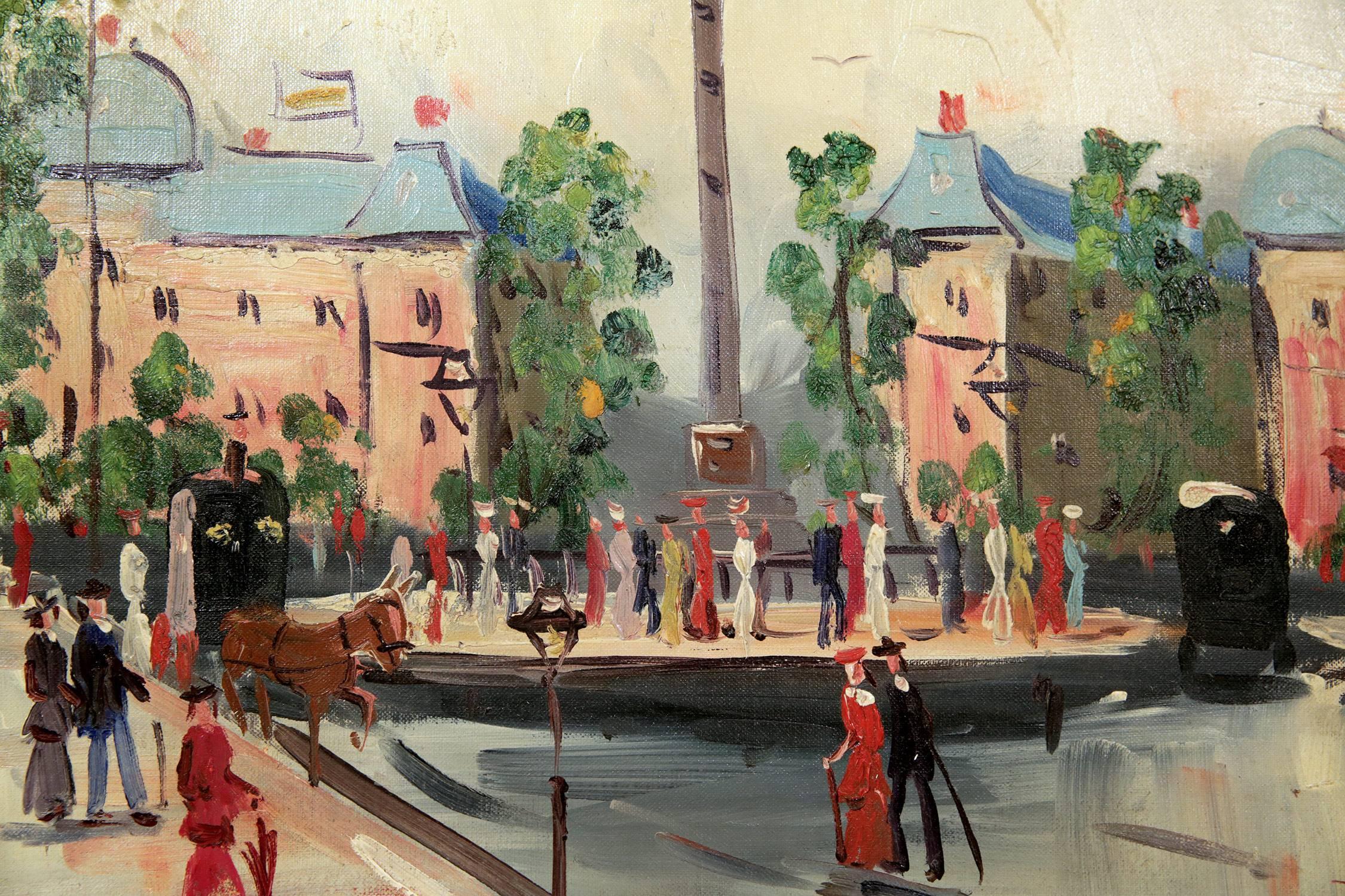 Unknown "Bastille Paris" Mid Century Oil on Canvas Parisian Street