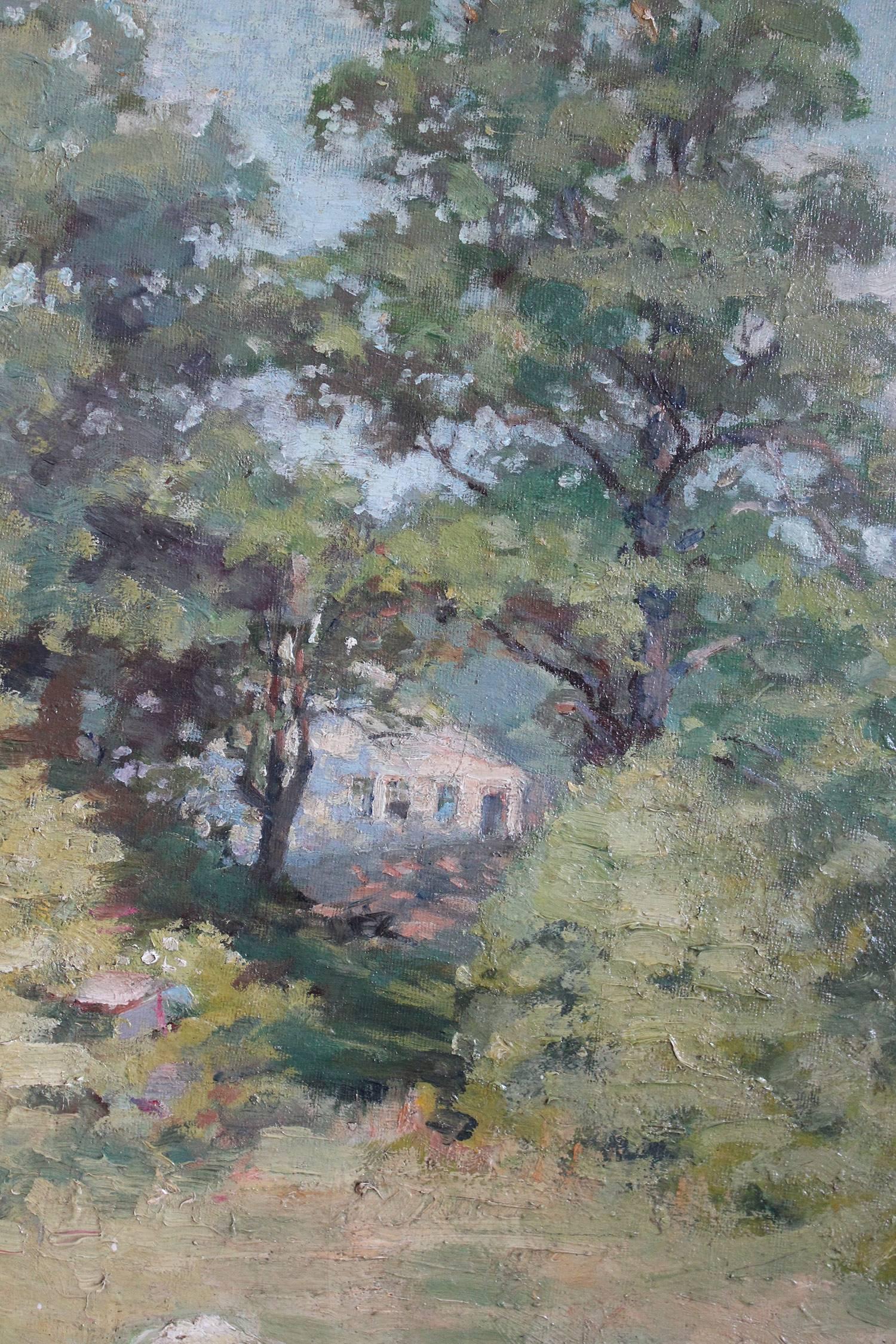 A charming depiction of a House in the Germer by American Artist William Jurian Kaula. The loose brushwork is very attractive as after the 1930's the artist developed a love for expressive brush strokes. The rolling clouds in the distance are