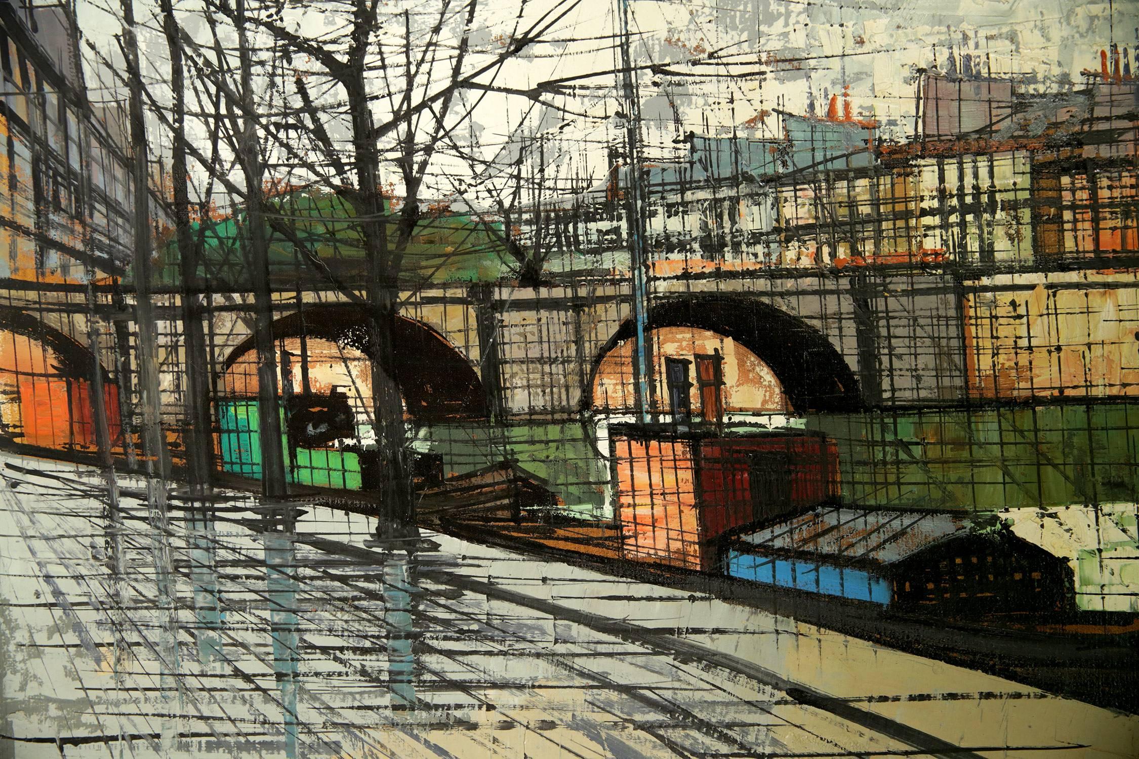 Un meraviglioso paesaggio urbano sulla Senna realizzato secondo lo stile di Bernard Buffet. I colori sono vividi e il lavoro veloce del pennello è fatto con controllo. Ci sono incantevoli edifici di fronte all'acqua con una barca attraccata nel