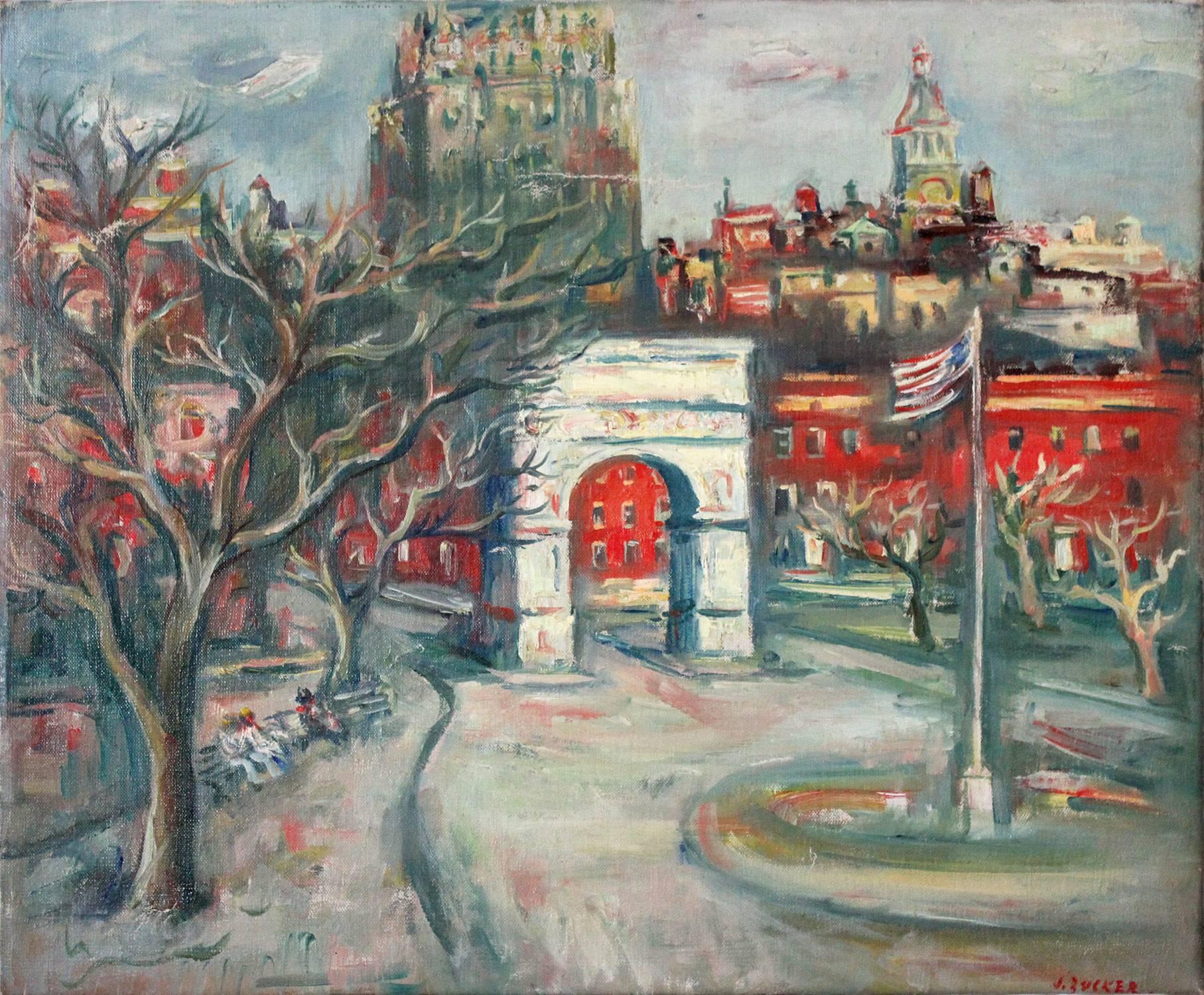 Jacques Zucker Landscape Painting - 20th Century Impressionistic Oil Painting Snow in Washington Square Park
