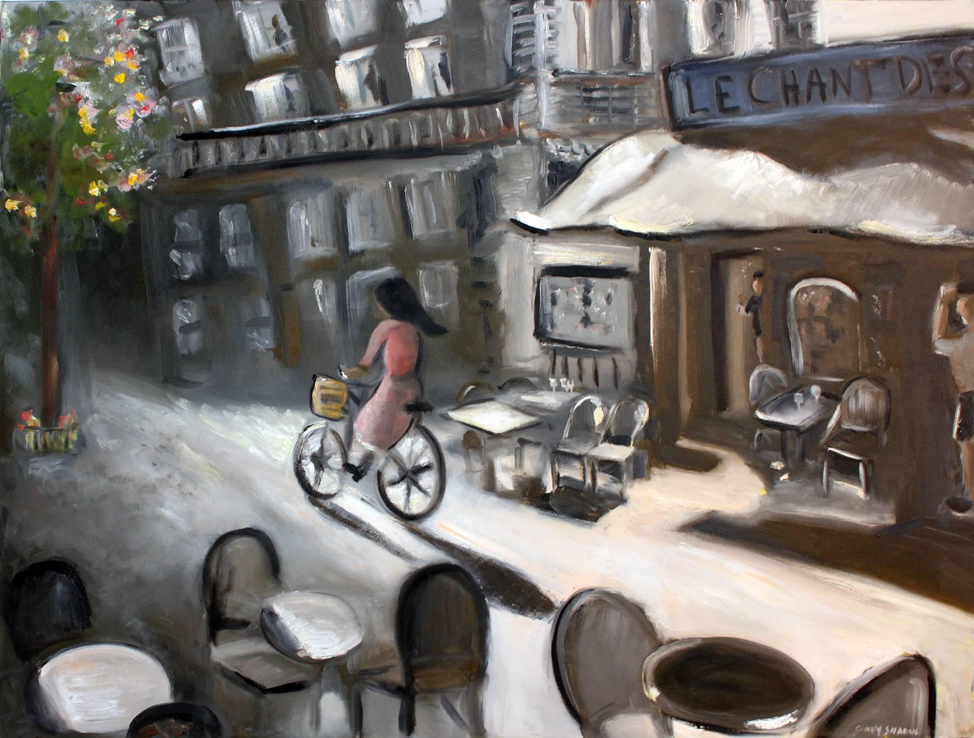 Cindy Shaoul Figurative Painting - "Biking through Paris, Le Chant Des" Impressionist Style Street Scene and Figure