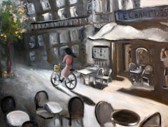 "Biking through Paris, Le Chant Des" Impressionist Style Street Scene and Figure