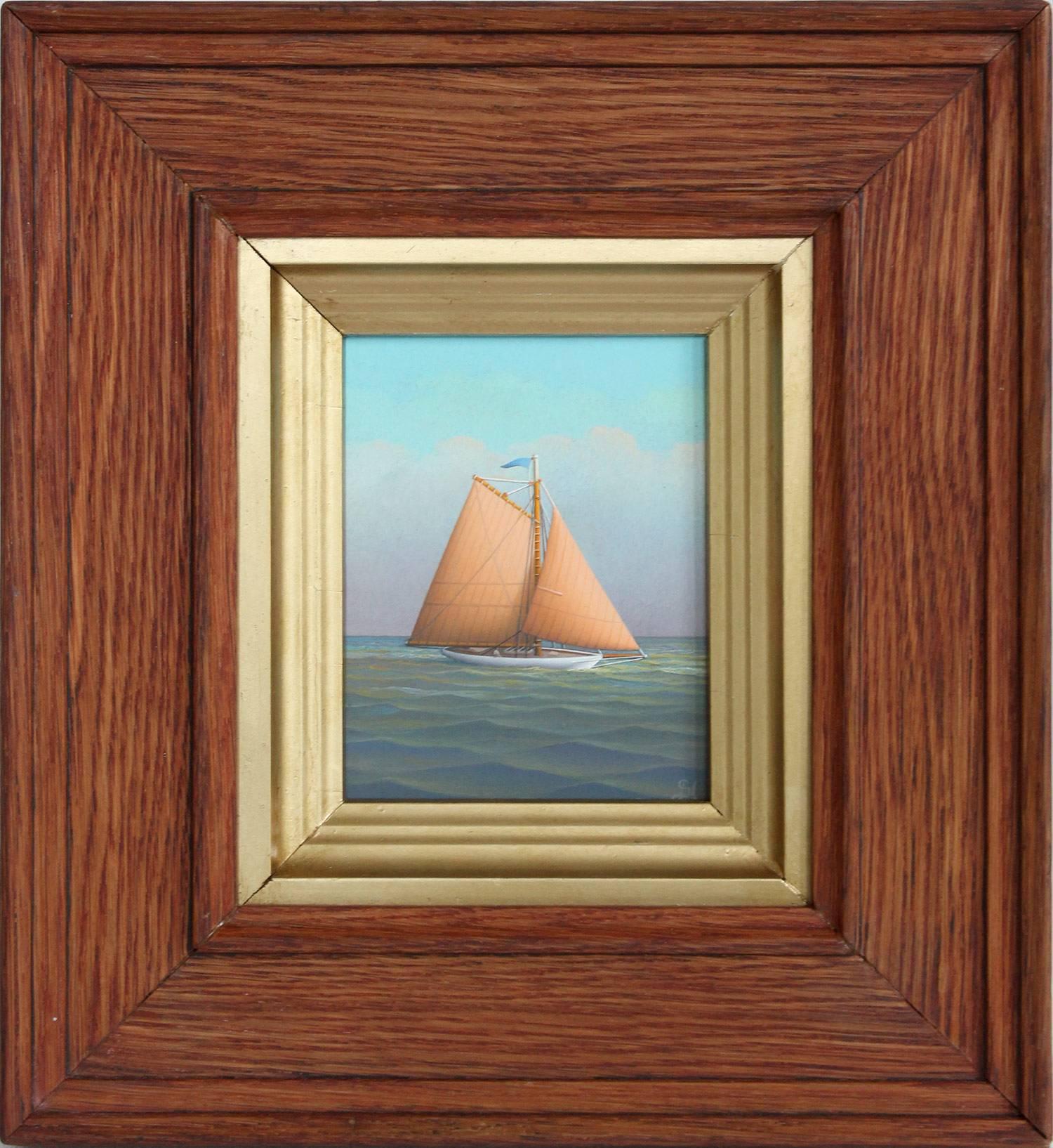 George Nemethy Figurative Painting - "Sailing on the Caribbean" Realist Oil Painting on Board of Sailboat in Open Sea